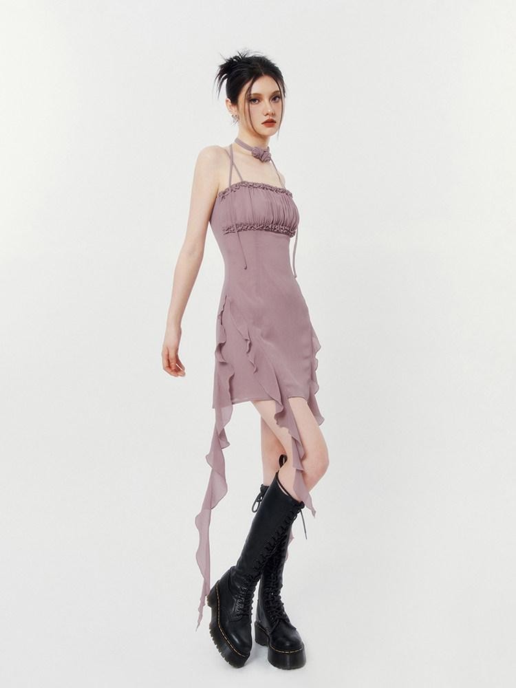 VOCK Floral Asymmetrical Rose Ribbon Women's Polyester Slip Mini Dresses