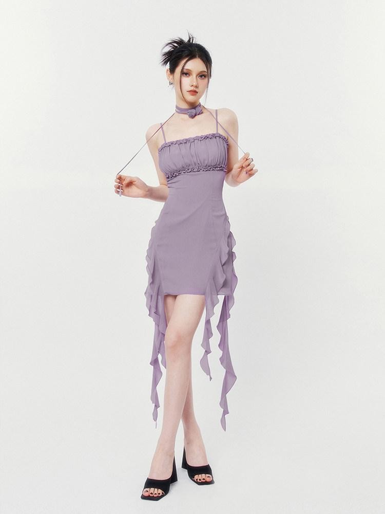 VOCK Floral Asymmetrical Rose Ribbon Women's Polyester Slip Mini Dresses