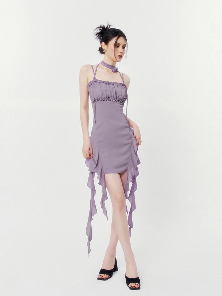 VOCK Floral Asymmetrical Rose Ribbon Women's Polyester Slip Mini Dresses