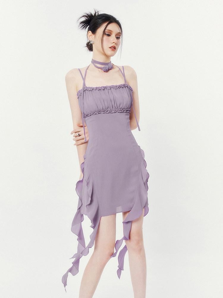 VOCK Floral Asymmetrical Rose Ribbon Women's Polyester Slip Mini Dresses