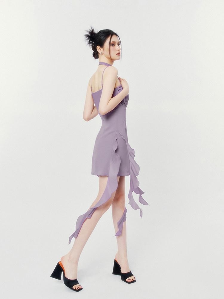 VOCK Floral Asymmetrical Rose Ribbon Women's Polyester Slip Mini Dresses