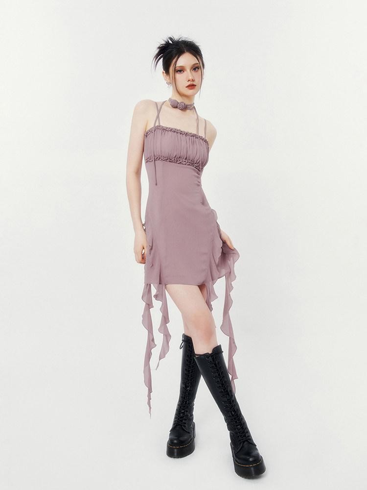 VOCK Floral Asymmetrical Rose Ribbon Women's Polyester Slip Mini Dresses