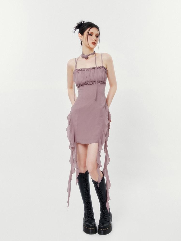 VOCK Floral Asymmetrical Rose Ribbon Women's Polyester Slip Mini Dresses
