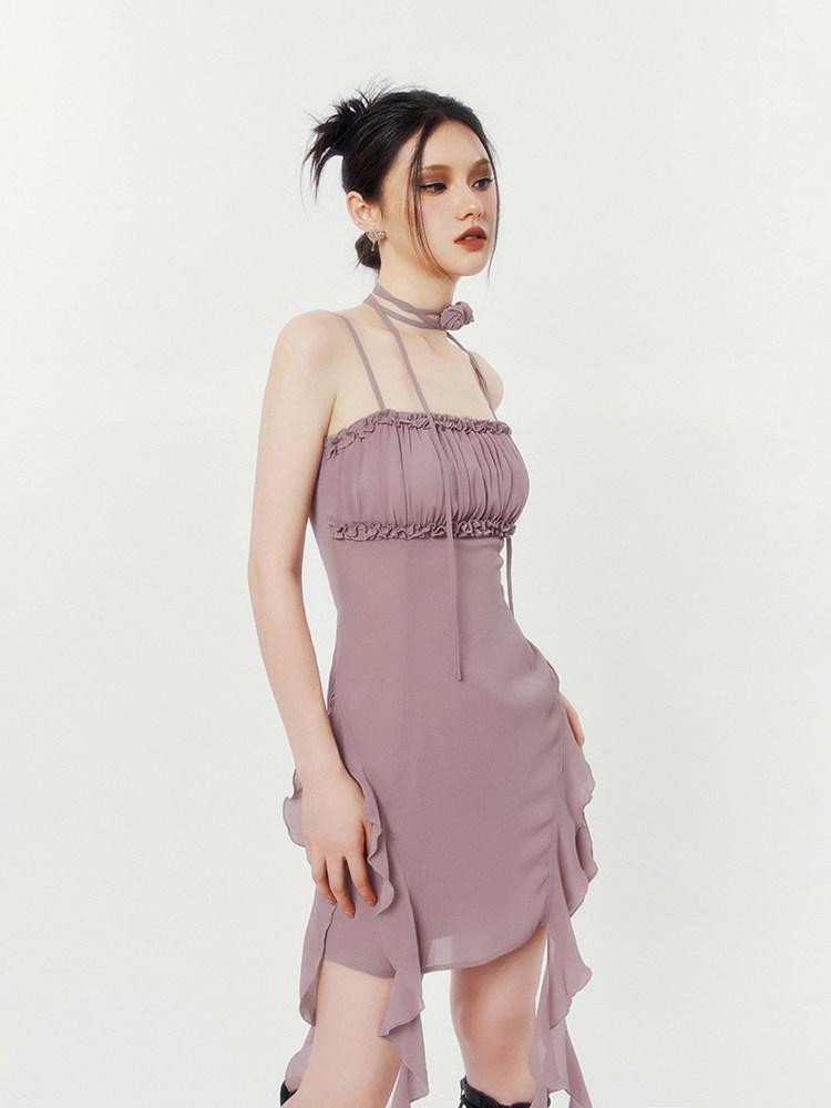 VOCK Floral Asymmetrical Rose Ribbon Women's Polyester Slip Mini Dresses