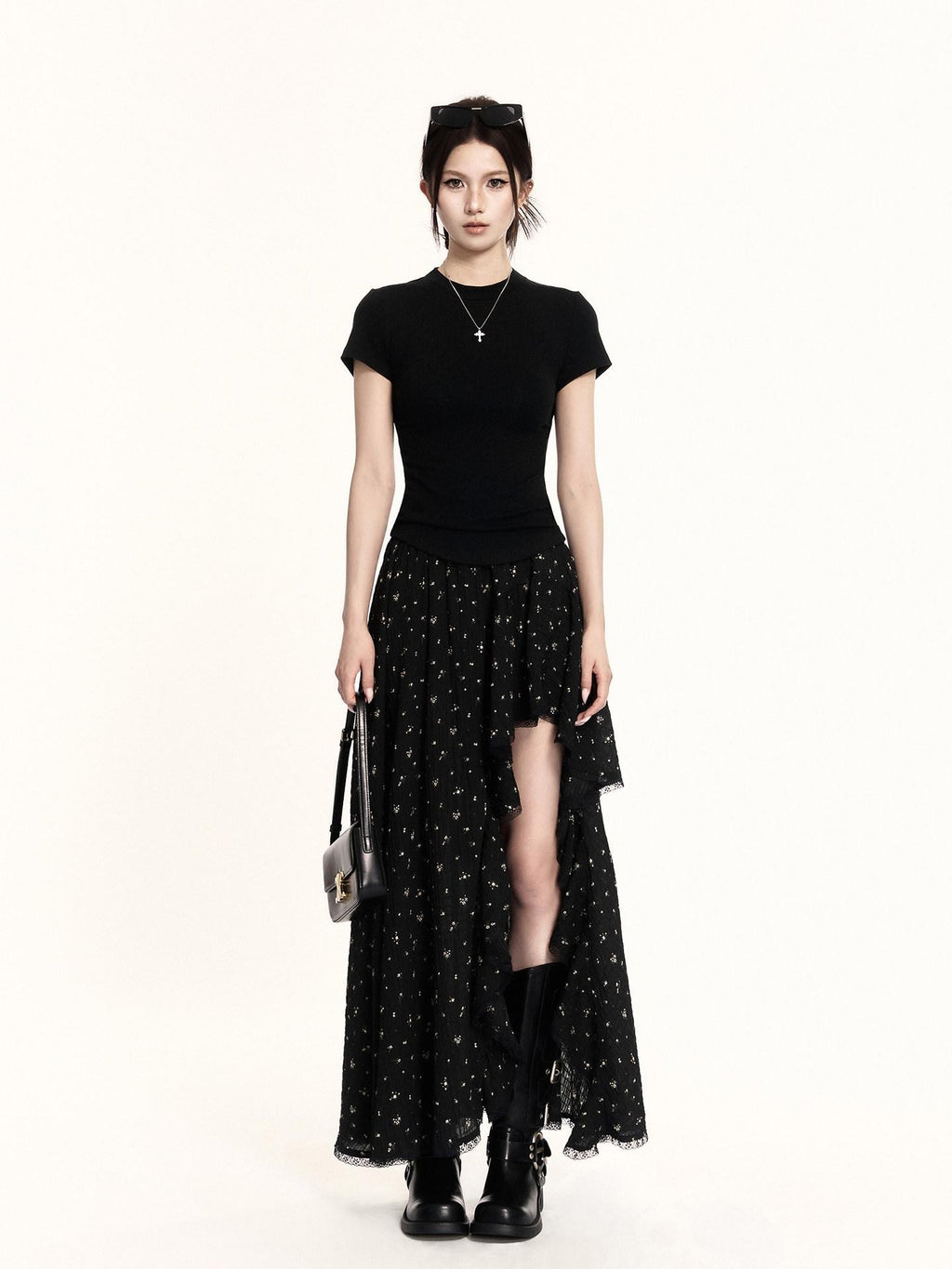 VOCK Floral Patchwork Ruffle Asymmetric A Line Women's Polyester Maxi Skirts