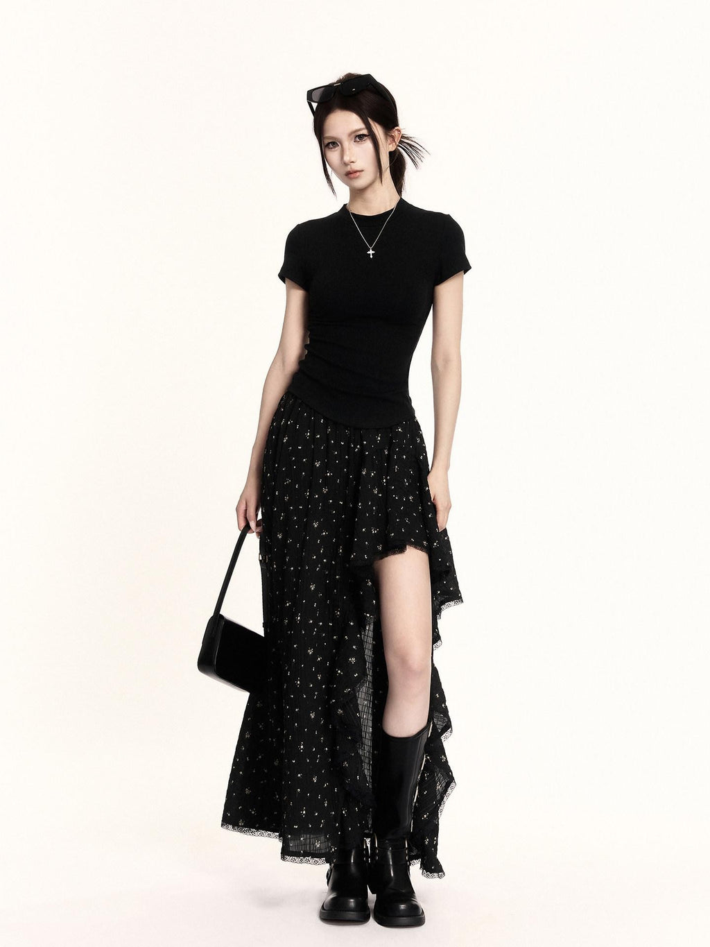 VOCK Floral Patchwork Ruffle Asymmetric A Line Women's Polyester Maxi Skirts