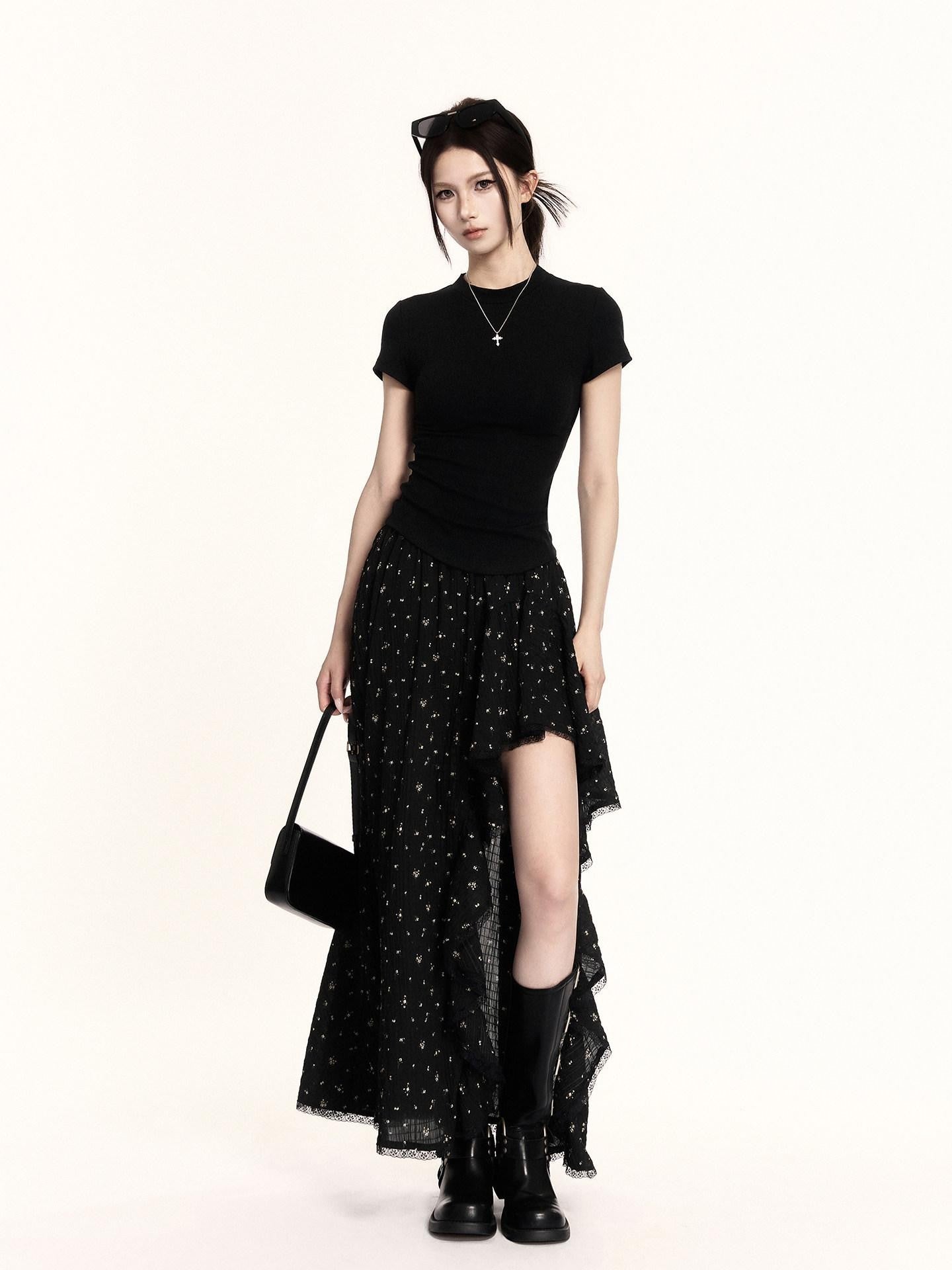 VOCK Floral Patchwork Ruffle Asymmetric A Line Women's Polyester Maxi Skirts
