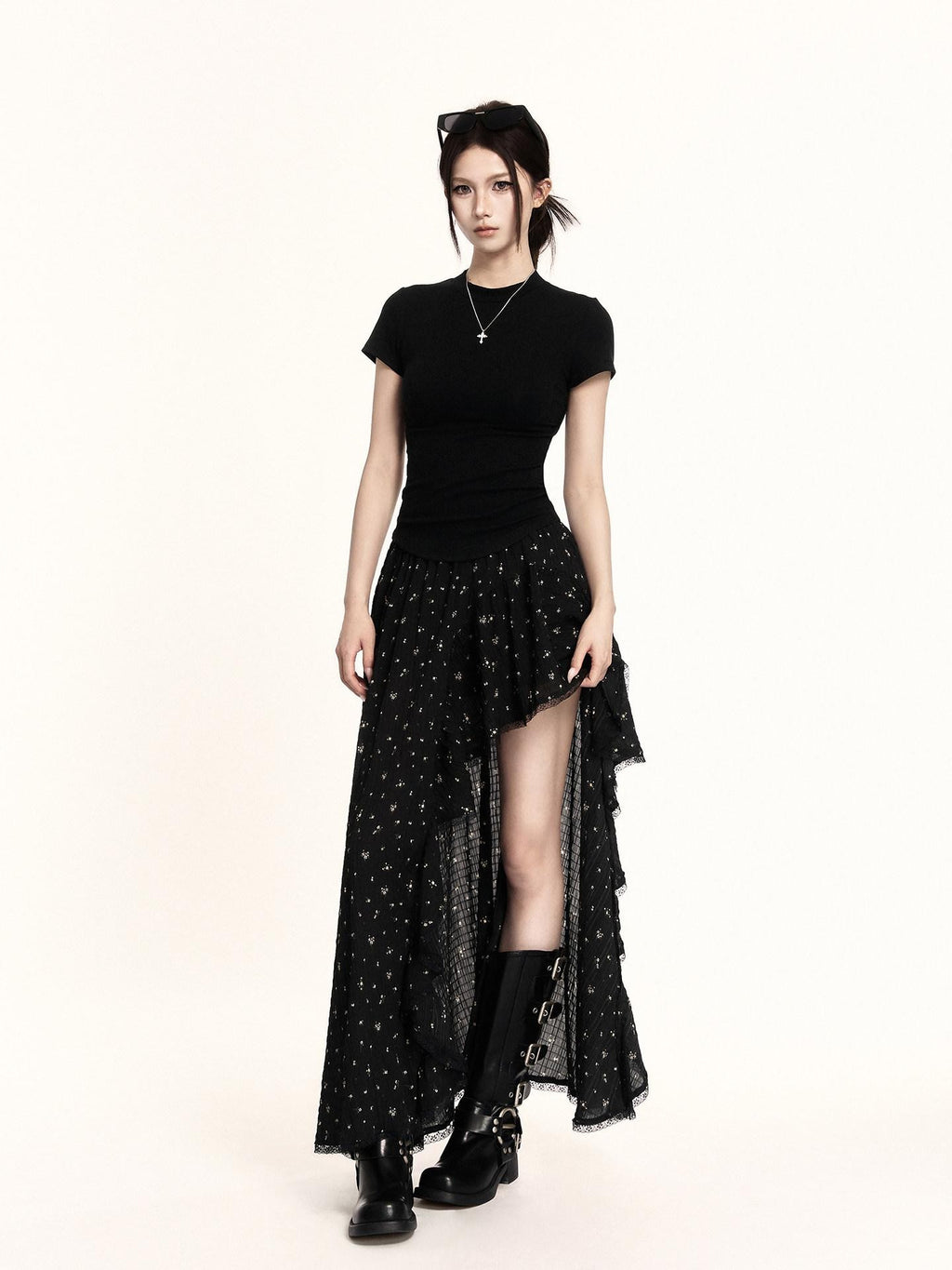 VOCK Floral Patchwork Ruffle Asymmetric A Line Women's Polyester Maxi Skirts