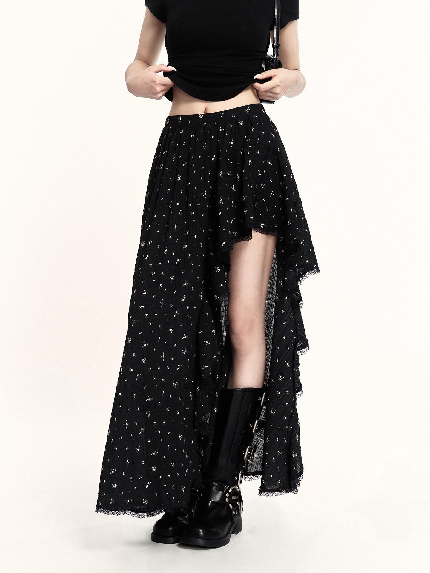 VOCK Floral Patchwork Ruffle Asymmetric A Line Women's Polyester Maxi Skirts