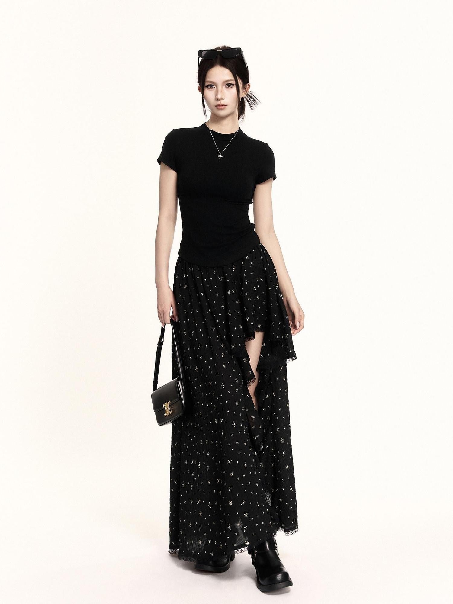 VOCK Floral Patchwork Ruffle Asymmetric A Line Women's Polyester Maxi Skirts