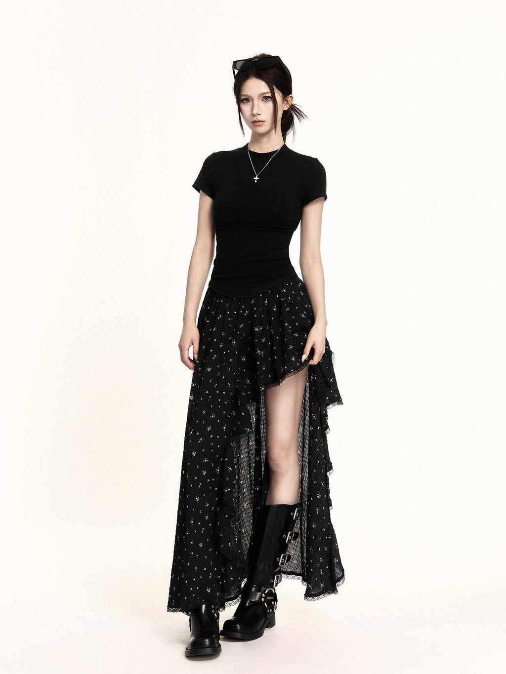 VOCK Floral Patchwork Ruffle Asymmetric A Line Women's Polyester Maxi Skirts