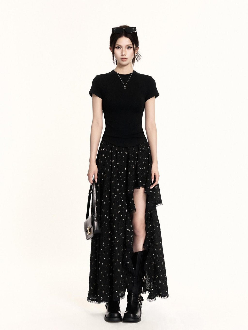 VOCK Floral Patchwork Ruffle Asymmetric A Line Women's Polyester Maxi Skirts