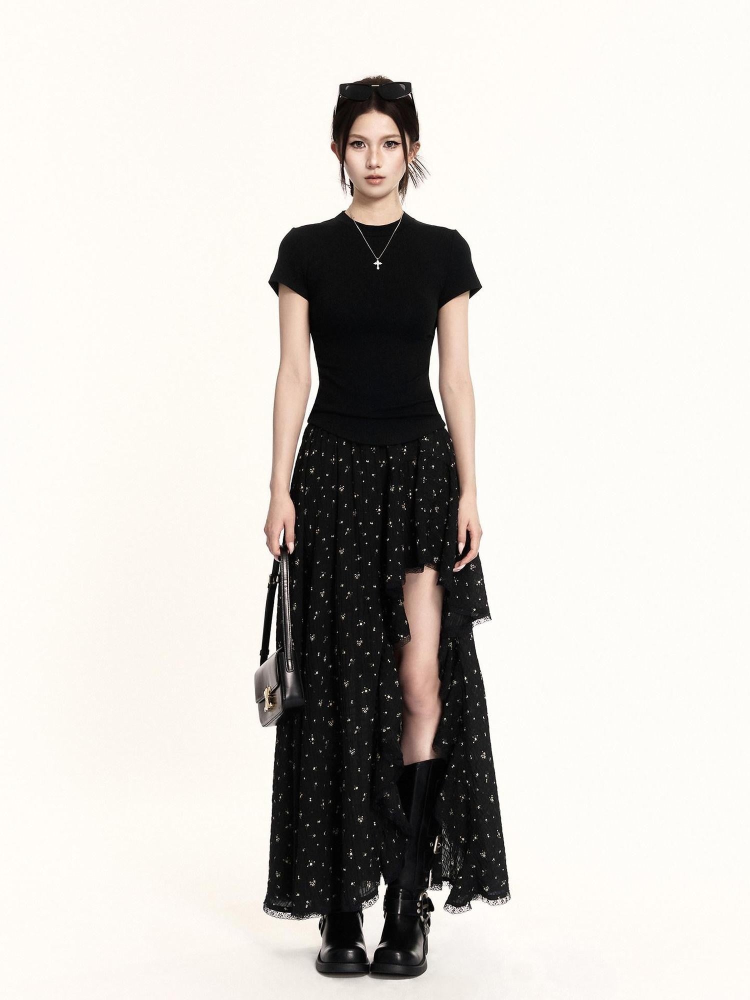 VOCK Floral Patchwork Ruffle Asymmetric A Line Women's Polyester Maxi Skirts