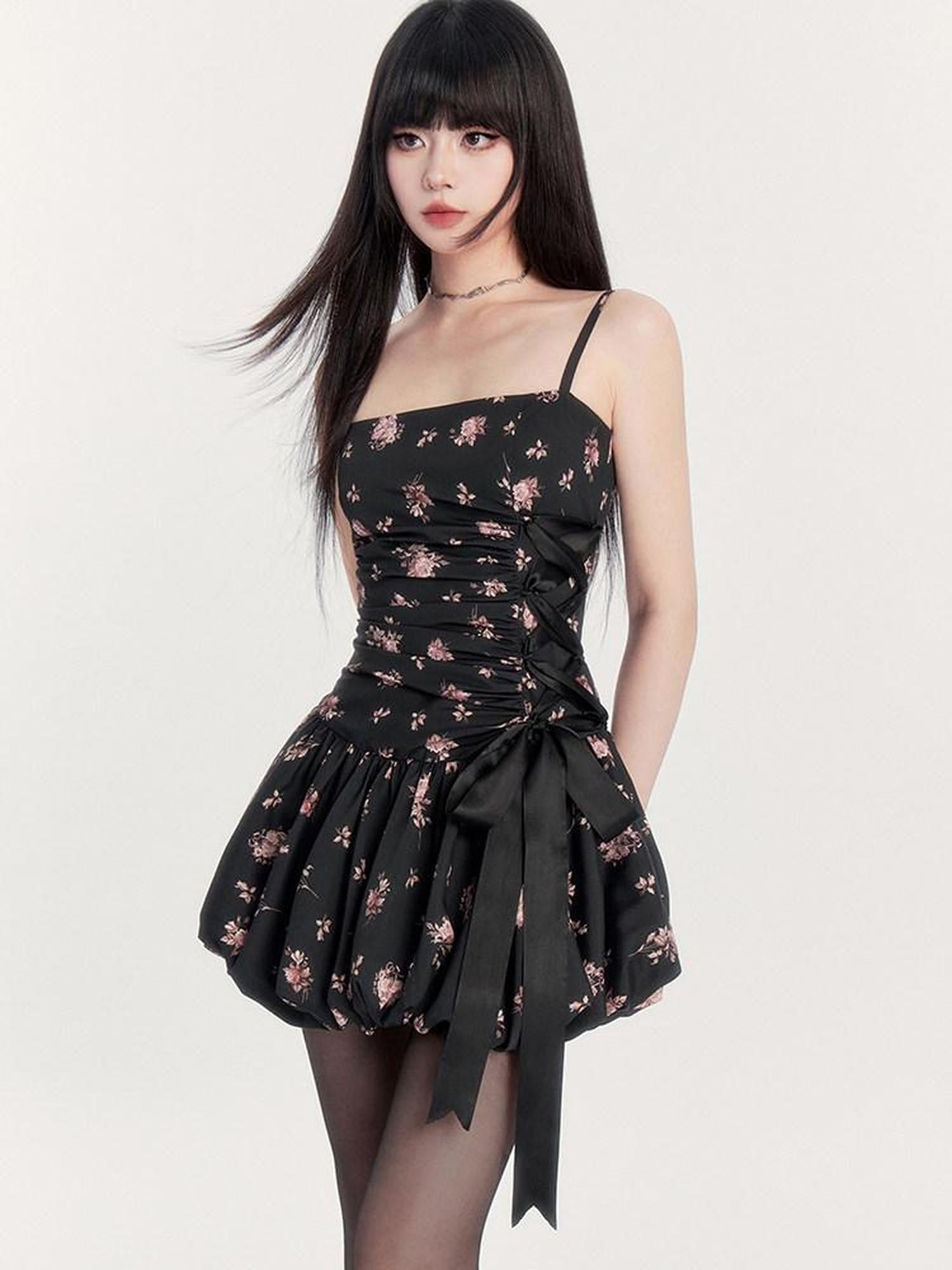 VOCK Floral Print Bow Tie Ruched Waist Asymmetric Women's Polyester Slip Mini Dresses