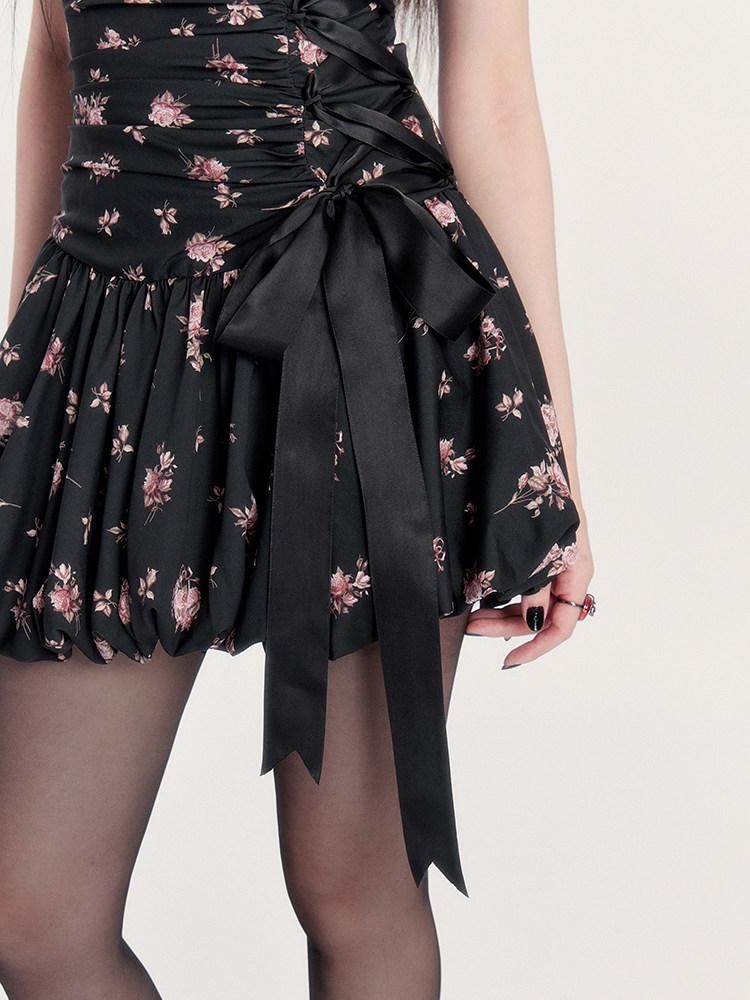 VOCK Floral Print Bow Tie Ruched Waist Asymmetric Women's Polyester Slip Mini Dresses