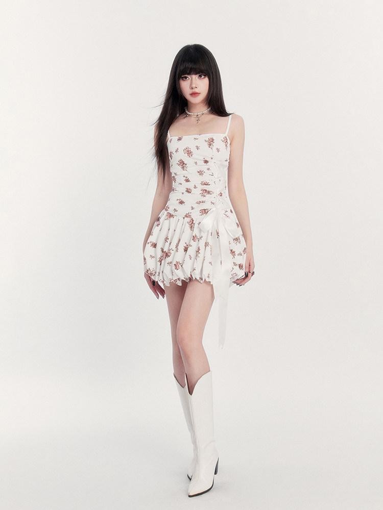 VOCK Floral Print Bow Tie Ruched Waist Asymmetric Women's Polyester Slip Mini Dresses