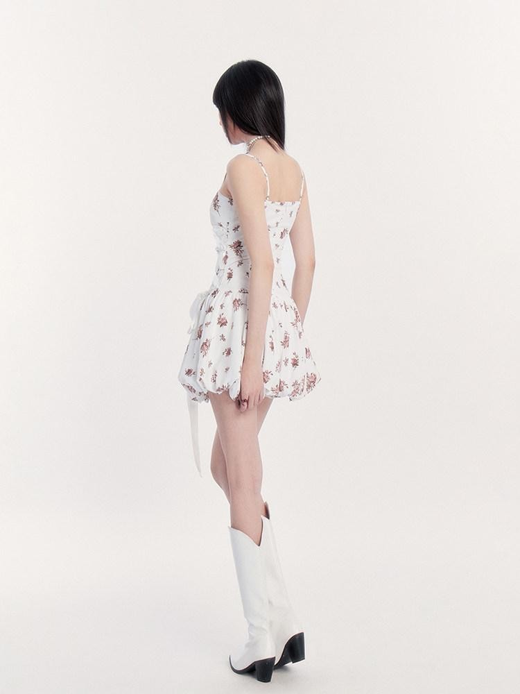 VOCK Floral Print Bow Tie Ruched Waist Asymmetric Women's Polyester Slip Mini Dresses