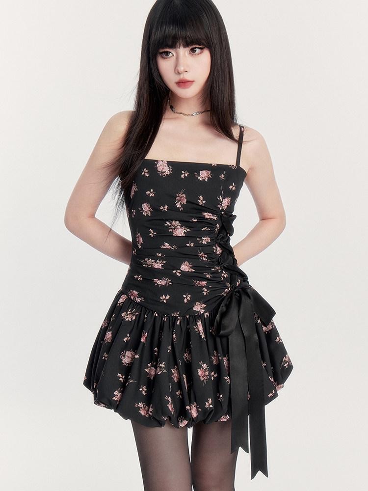 VOCK Floral Print Bow Tie Ruched Waist Asymmetric Women's Polyester Slip Mini Dresses