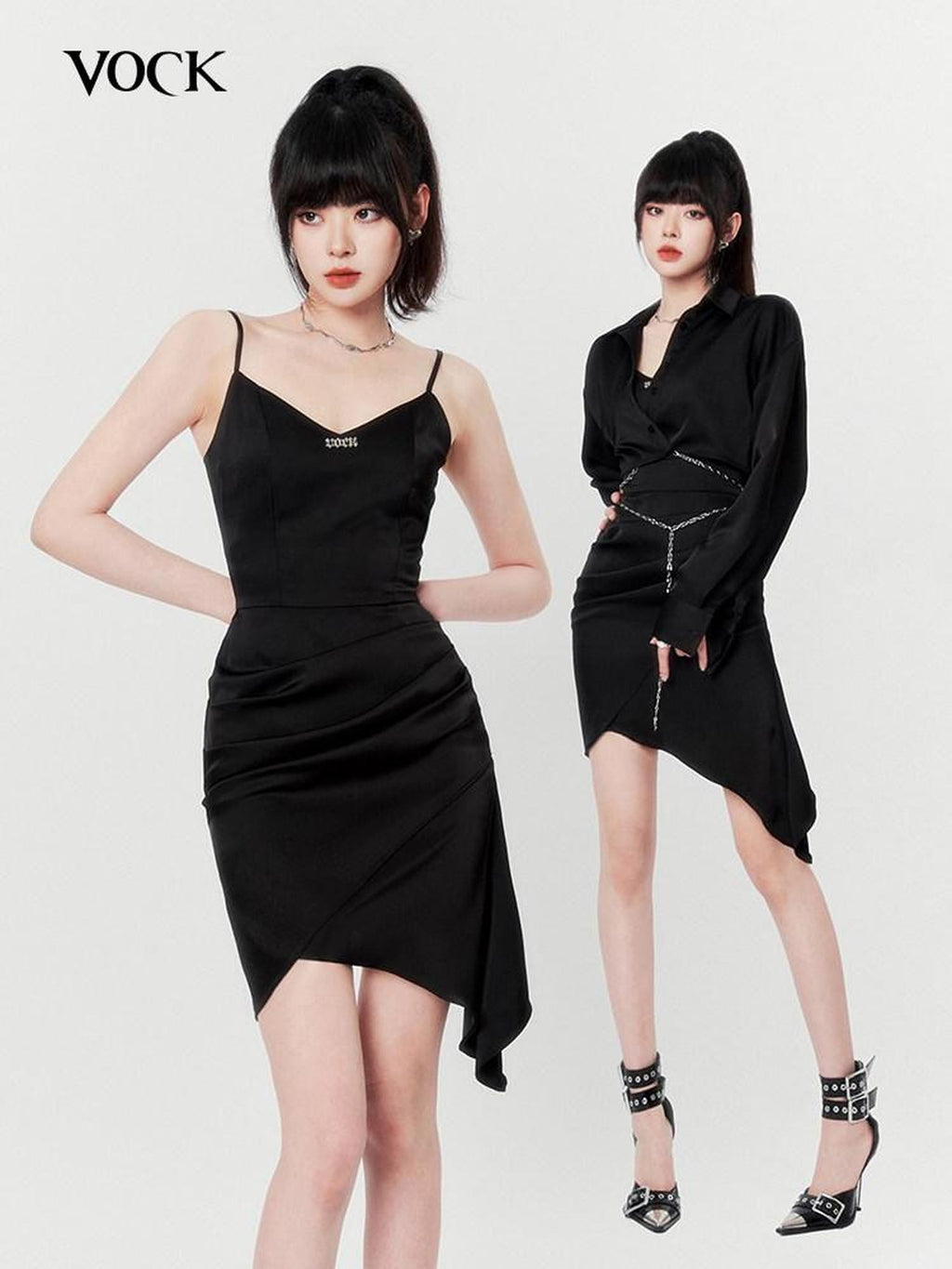 VOCK French Asymmetrical Hip Hugging Two Piece Women's Satin Slip Mini Dresses