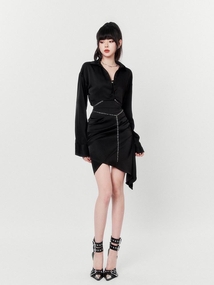 VOCK French Asymmetrical Hip Hugging Two Piece Women's Satin Slip Mini Dresses