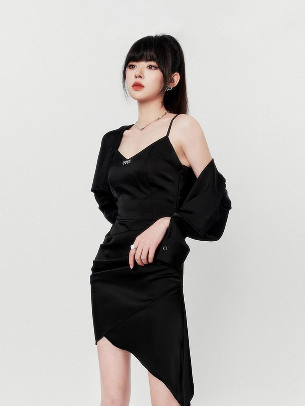 VOCK French Asymmetrical Hip Hugging Two Piece Women's Satin Slip Mini Dresses