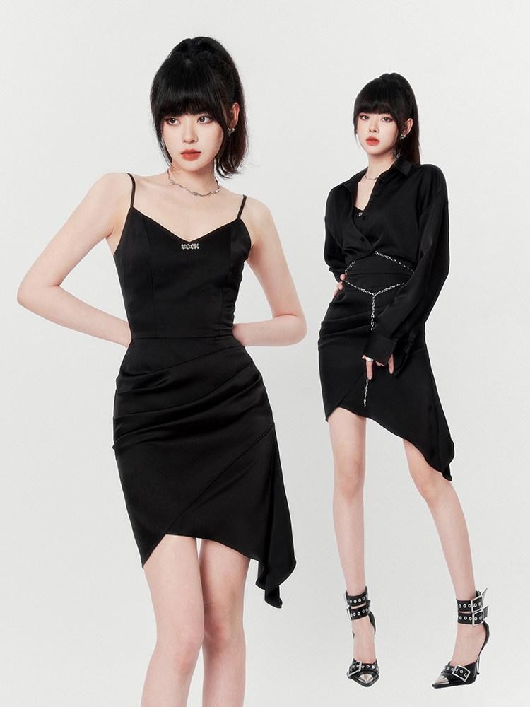 VOCK French Asymmetrical Hip Hugging Two Piece Women's Satin Slip Mini Dresses