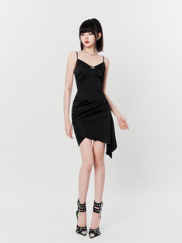 VOCK French Asymmetrical Hip Hugging Two Piece Women's Satin Slip Mini Dresses