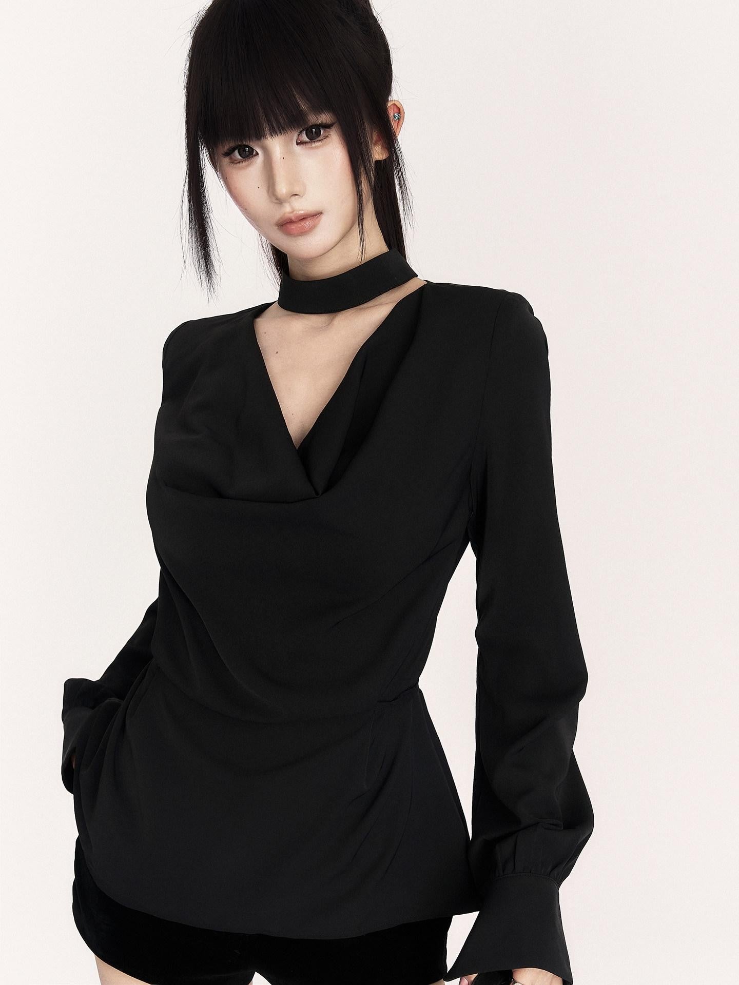 VOCK French Drape Collar Tie Waist Slimming Long Sleeve Women's Polyester Shirts