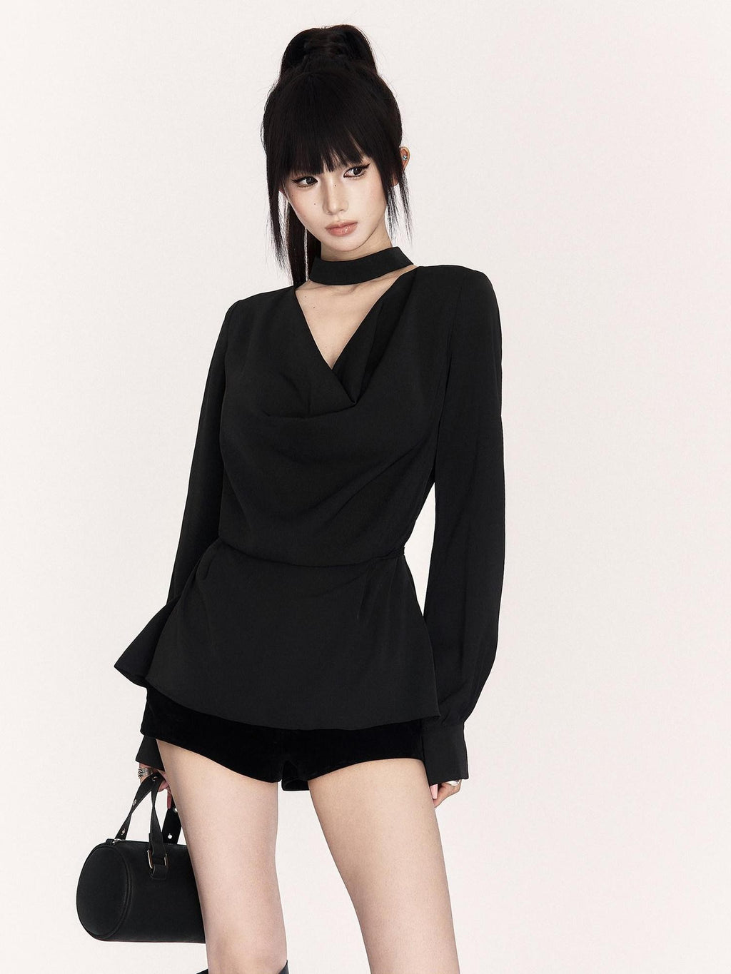 VOCK French Drape Collar Tie Waist Slimming Long Sleeve Women's Polyester Shirts