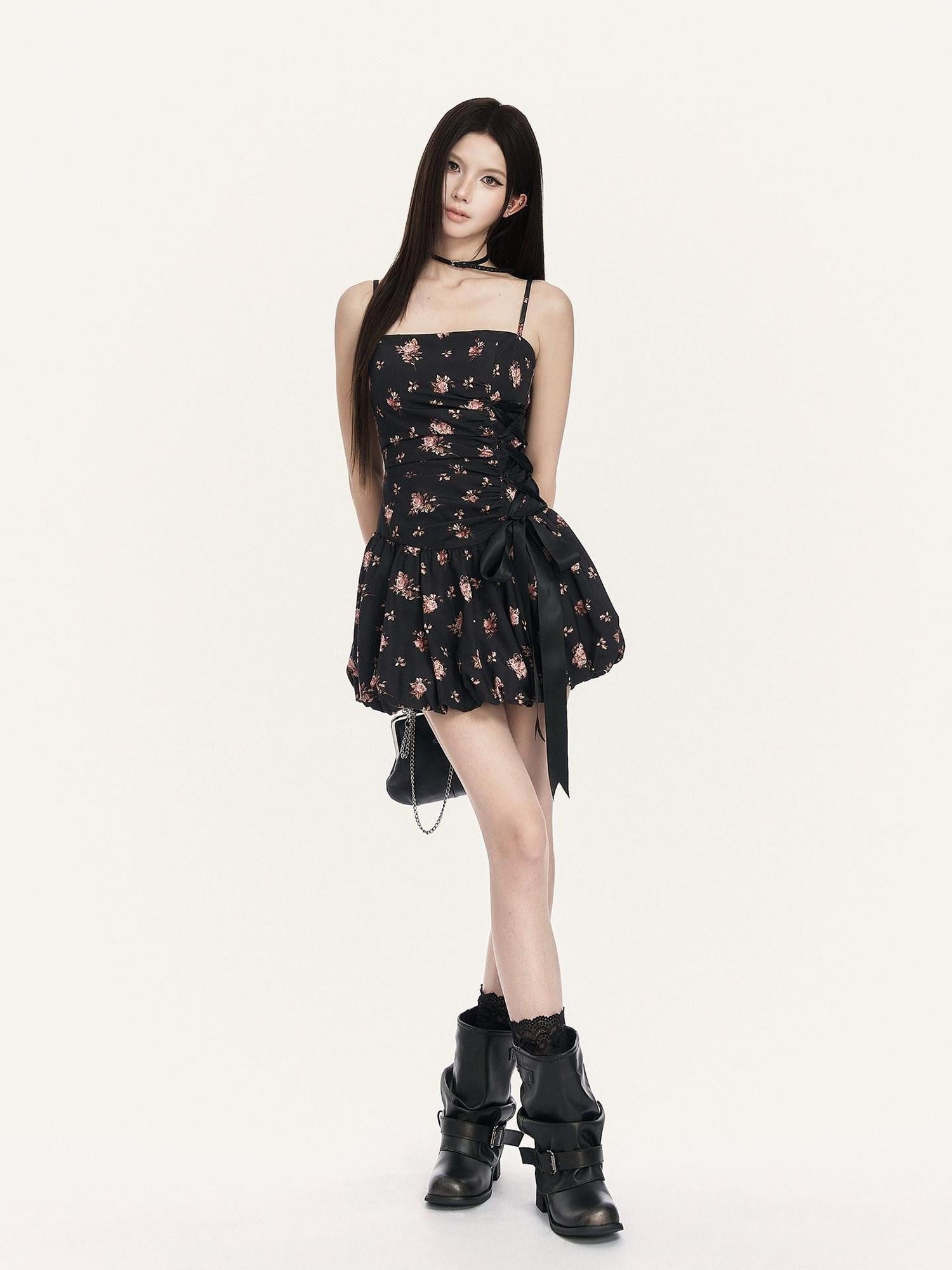 VOCK French Floral Bow A Line Women's Polyester Slip Mini Dresses