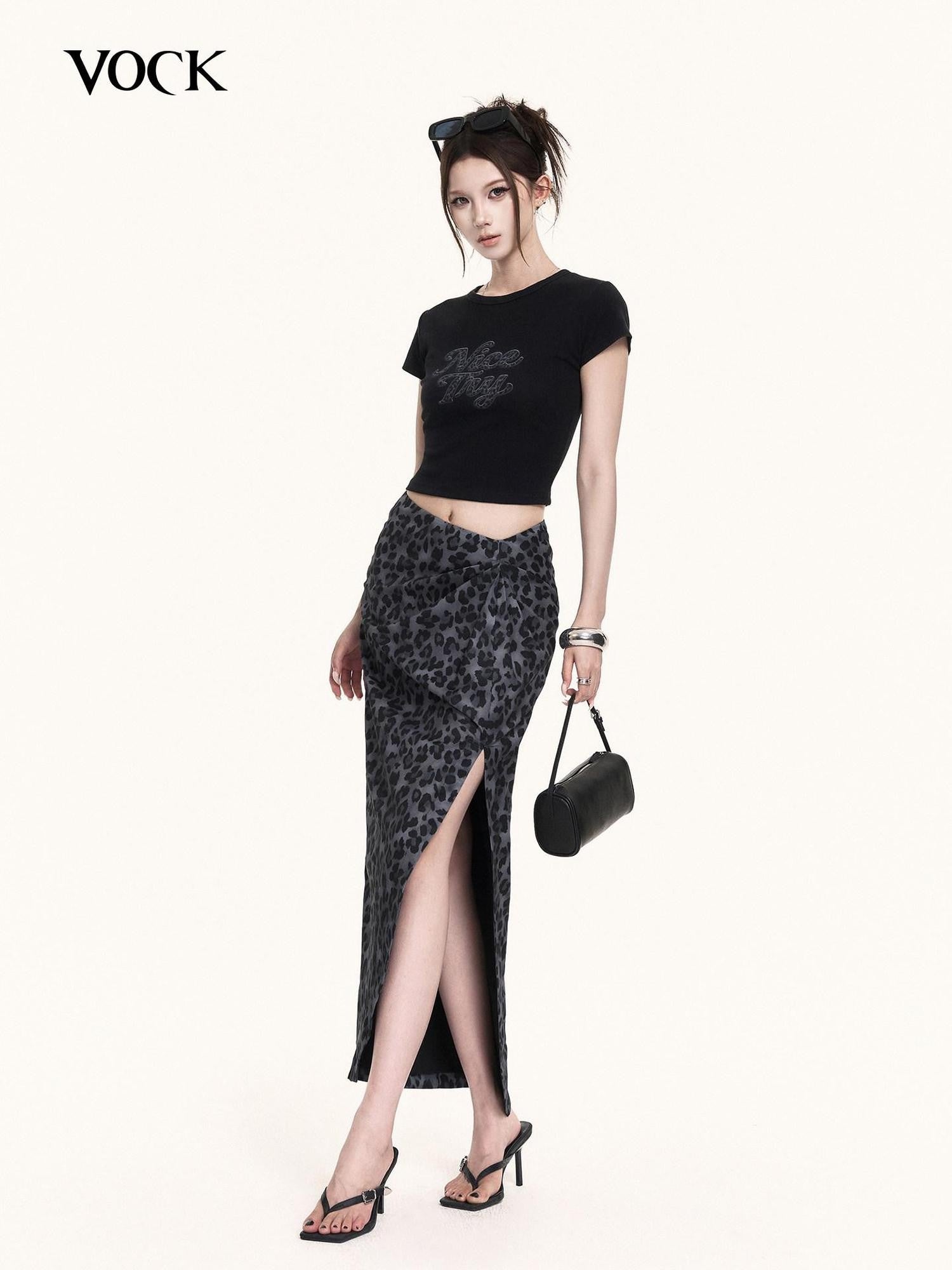 VOCK French Leopard Print Crop Tee Slit Maxi Skirt Women's Matching Skirt Sets