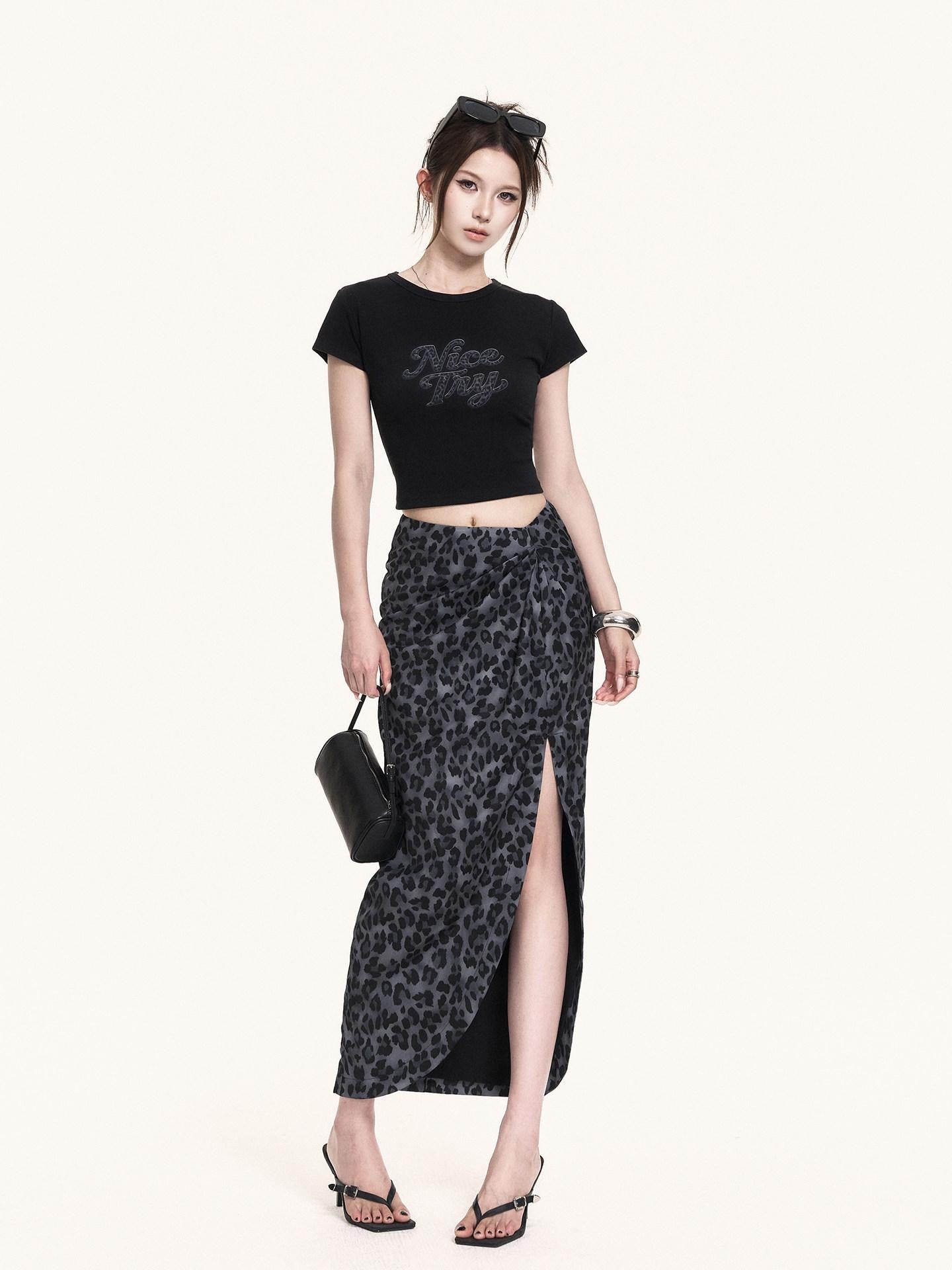 VOCK French Leopard Print Crop Tee Slit Maxi Skirt Women's Matching Skirt Sets