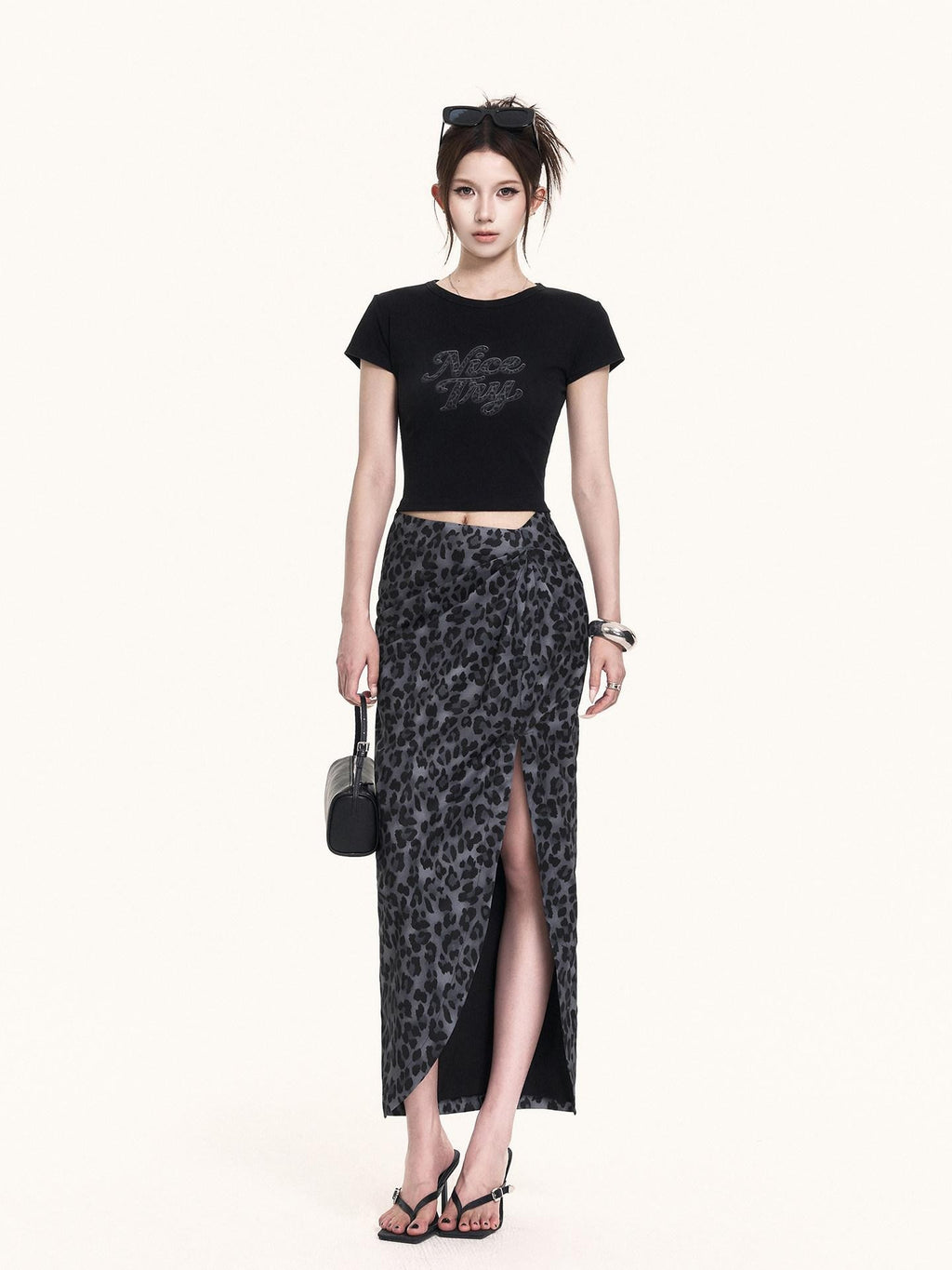 VOCK French Leopard Print Crop Tee Slit Maxi Skirt Women's Matching Skirt Sets