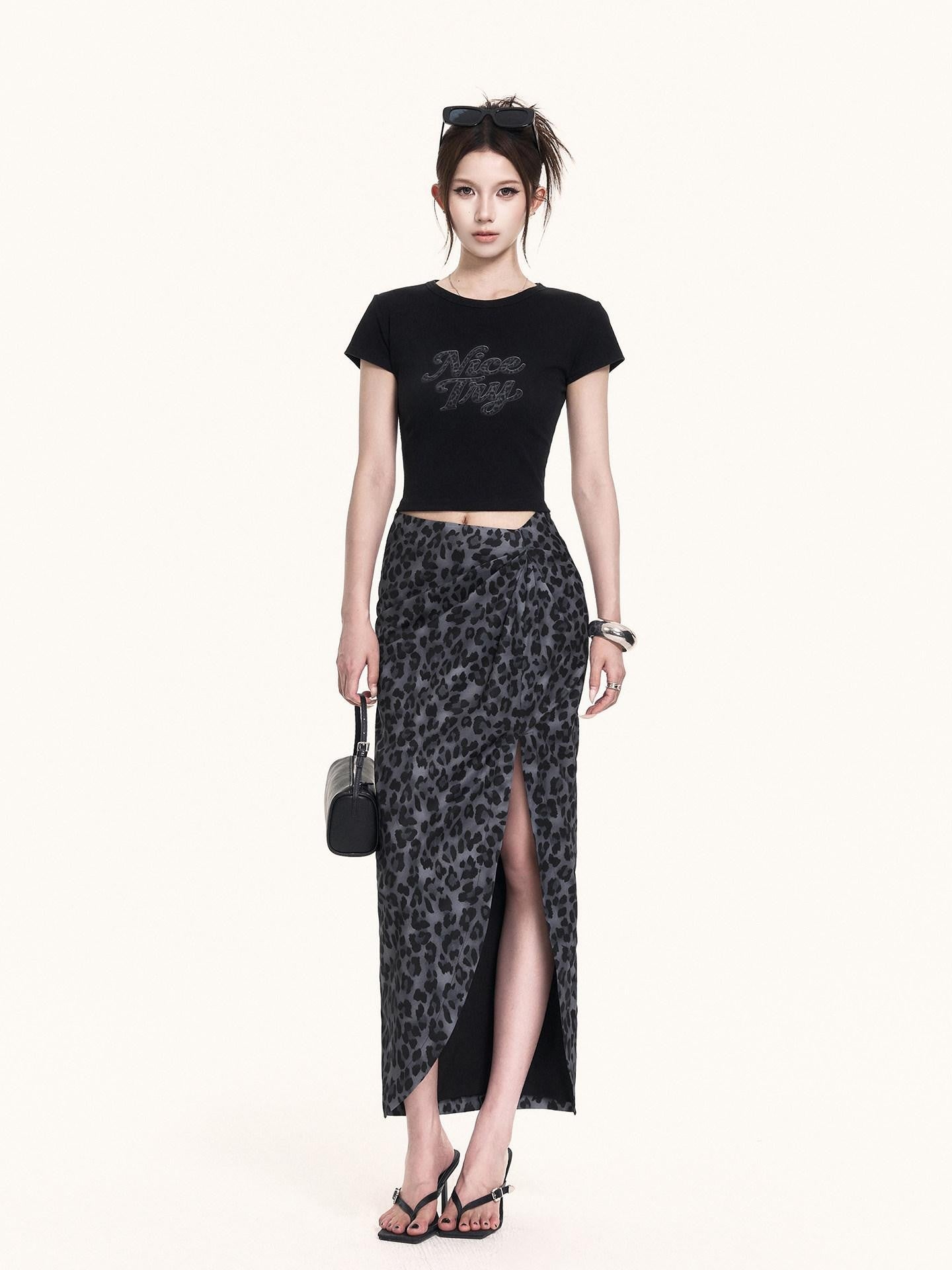 VOCK French Leopard Print Crop Tee Slit Maxi Skirt Women's Matching Skirt Sets