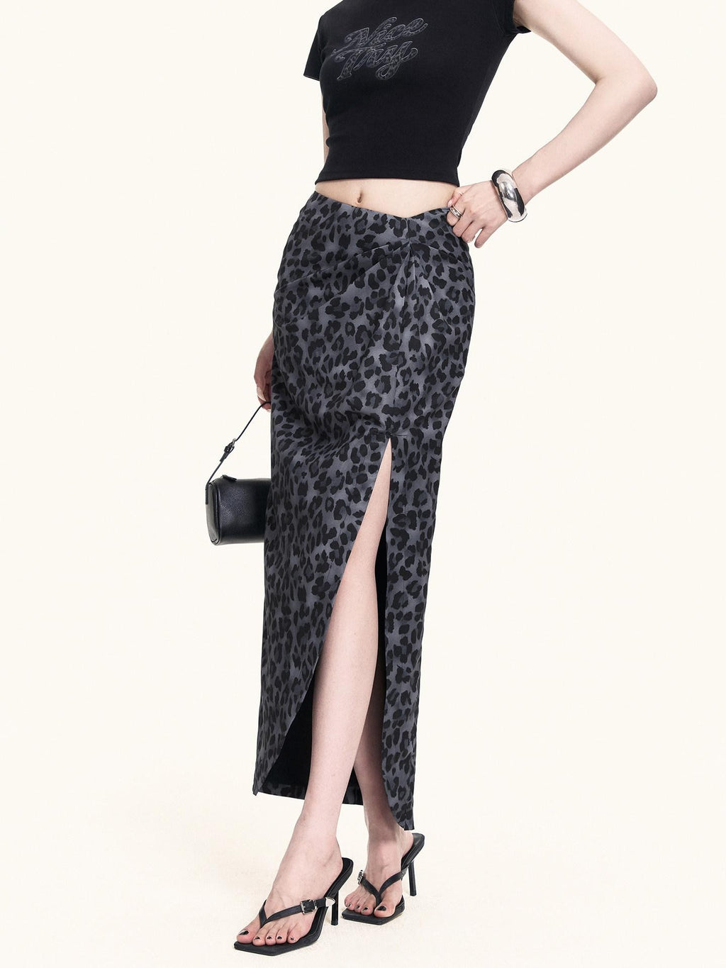 VOCK French Leopard Print Crop Tee Slit Maxi Skirt Women's Matching Skirt Sets