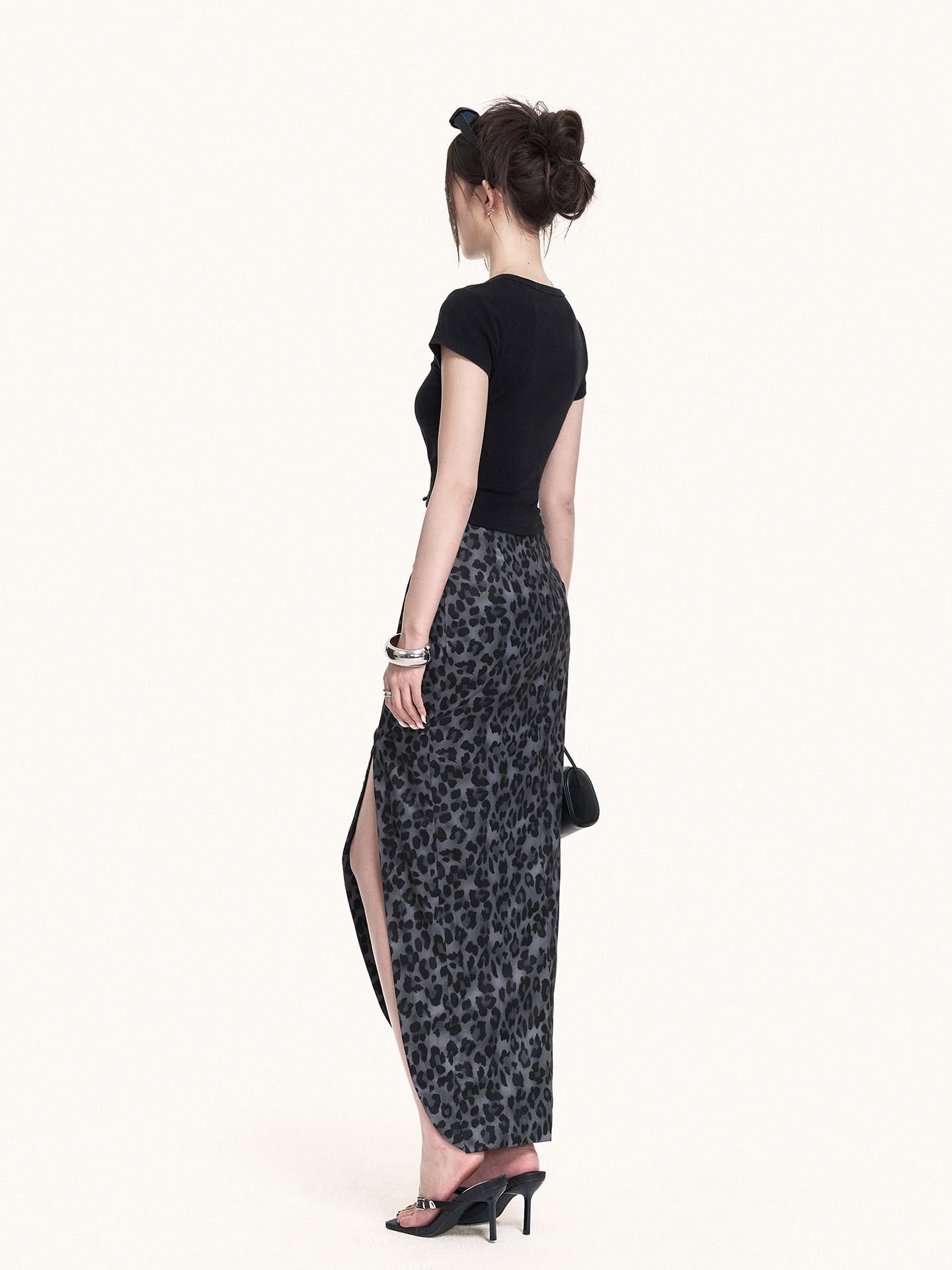VOCK French Leopard Print Crop Tee Slit Maxi Skirt Women's Matching Skirt Sets