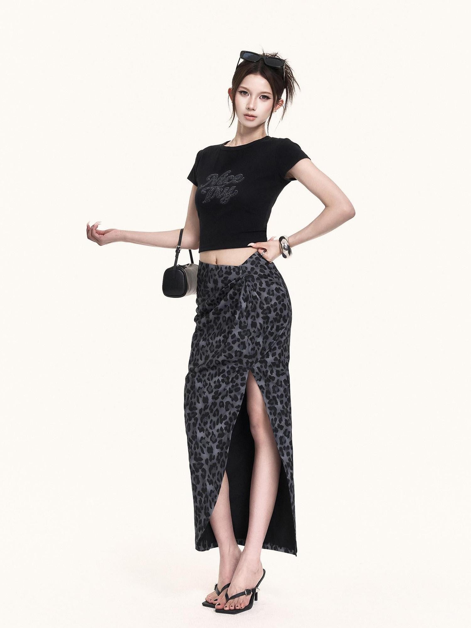 VOCK French Leopard Print Crop Tee Slit Maxi Skirt Women's Matching Skirt Sets