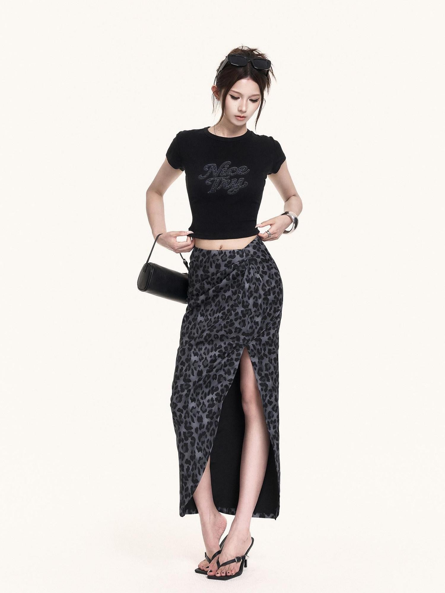 VOCK French Leopard Print Crop Tee Slit Maxi Skirt Women's Matching Skirt Sets