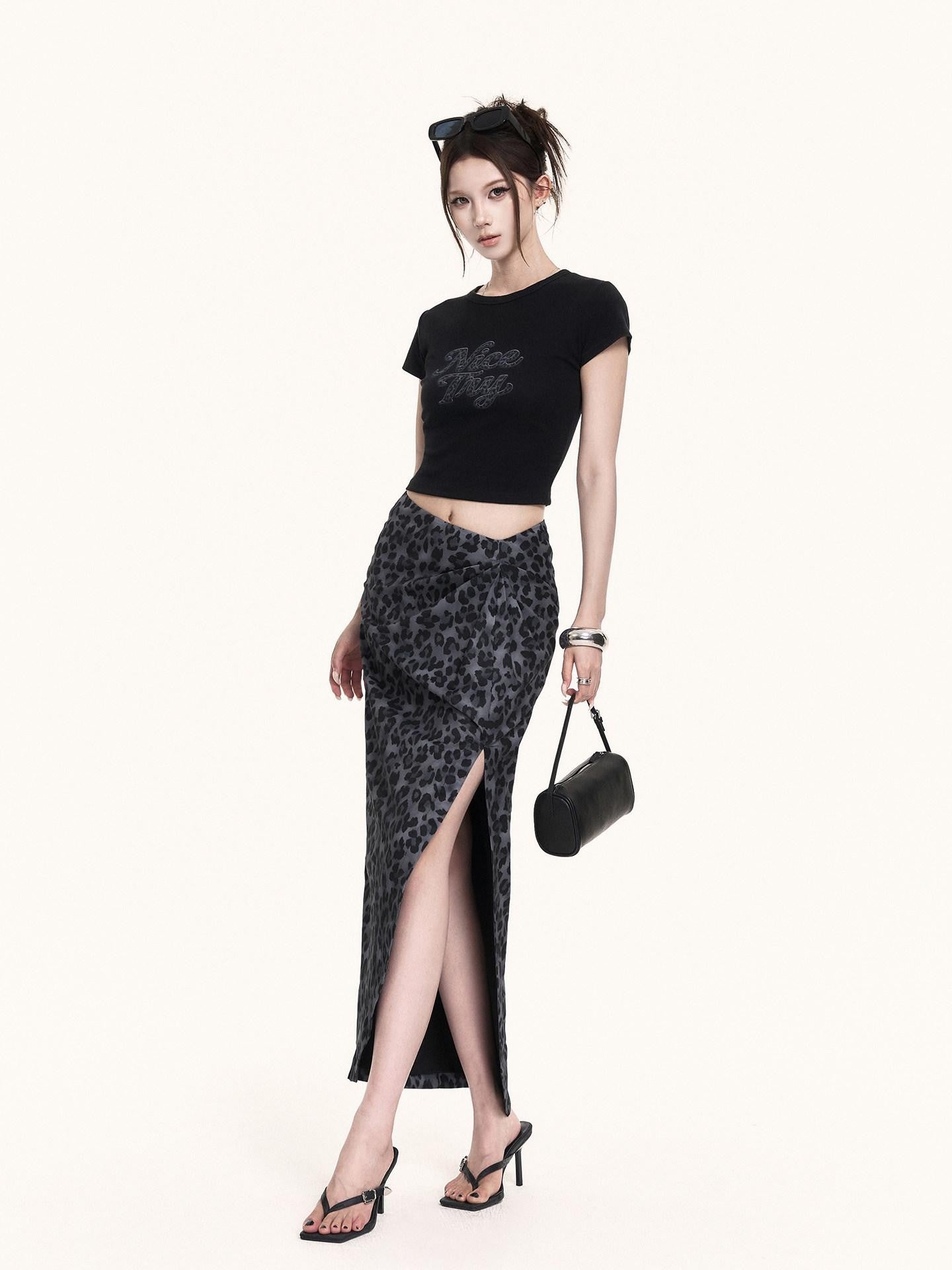 VOCK French Leopard Print Crop Tee Slit Maxi Skirt Women's Matching Skirt Sets