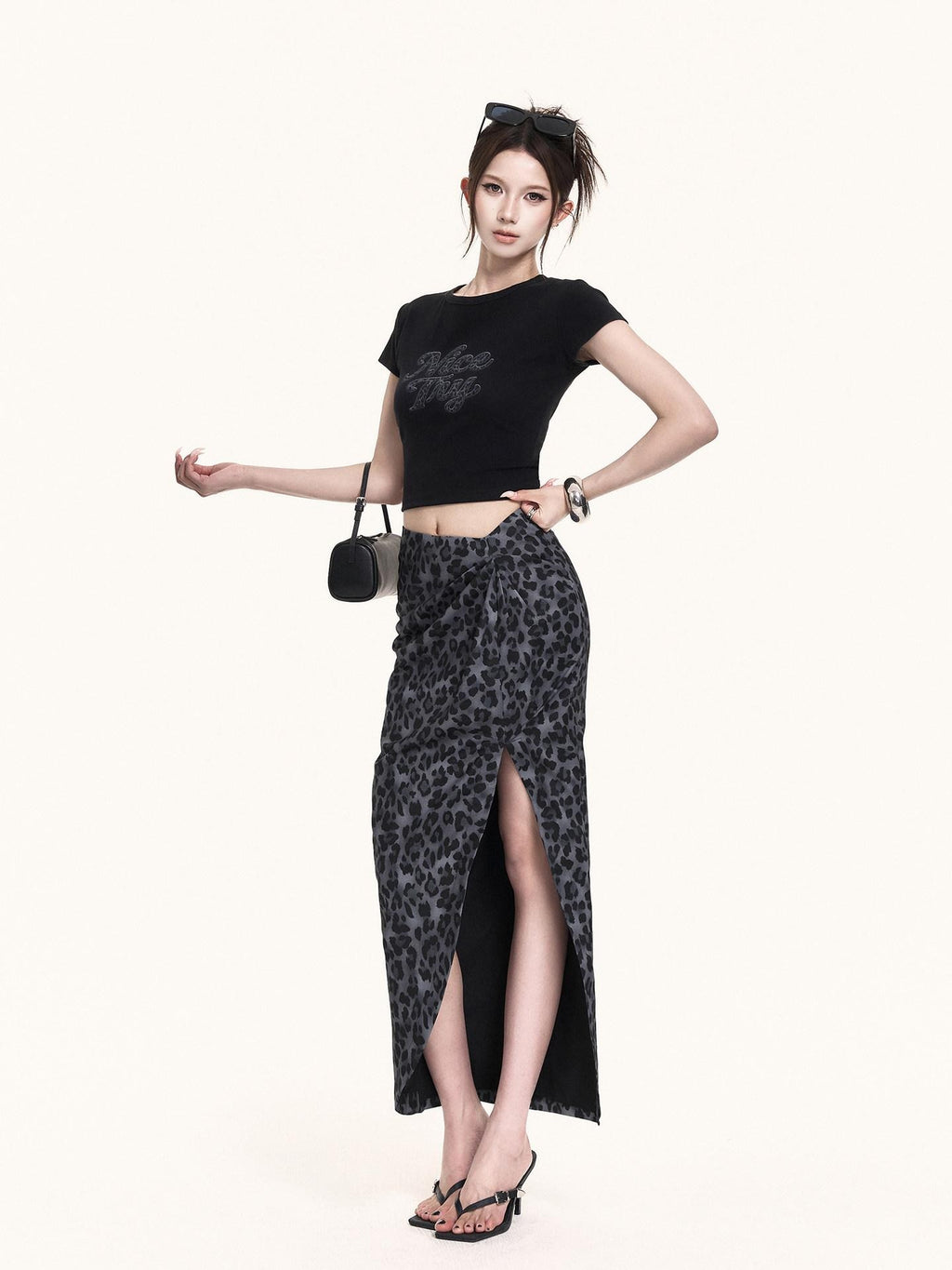 VOCK French Leopard Print Crop Tee Slit Maxi Skirt Women's Matching Skirt Sets