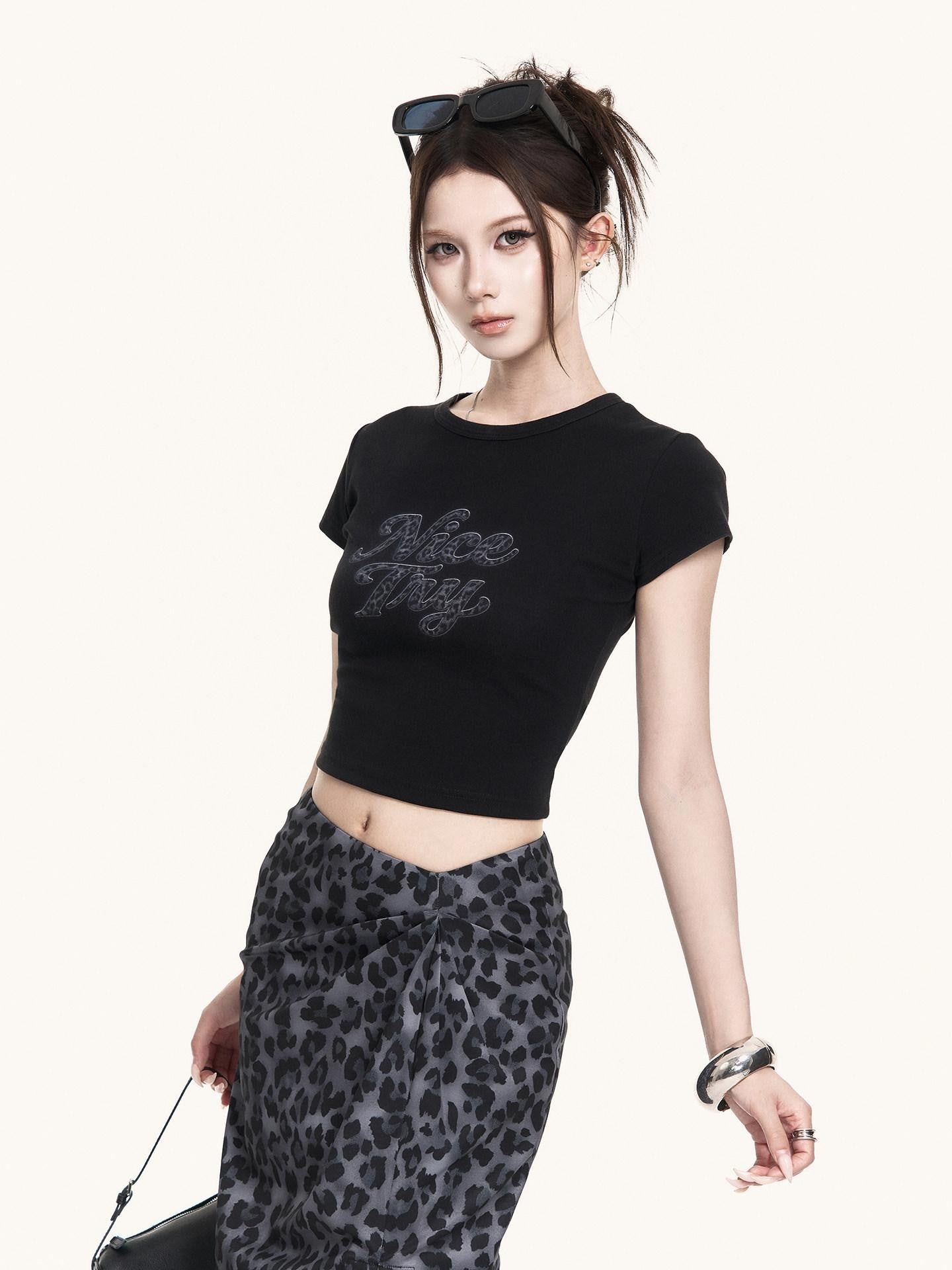 VOCK French Leopard Print Crop Tee Slit Maxi Skirt Women's Matching Skirt Sets