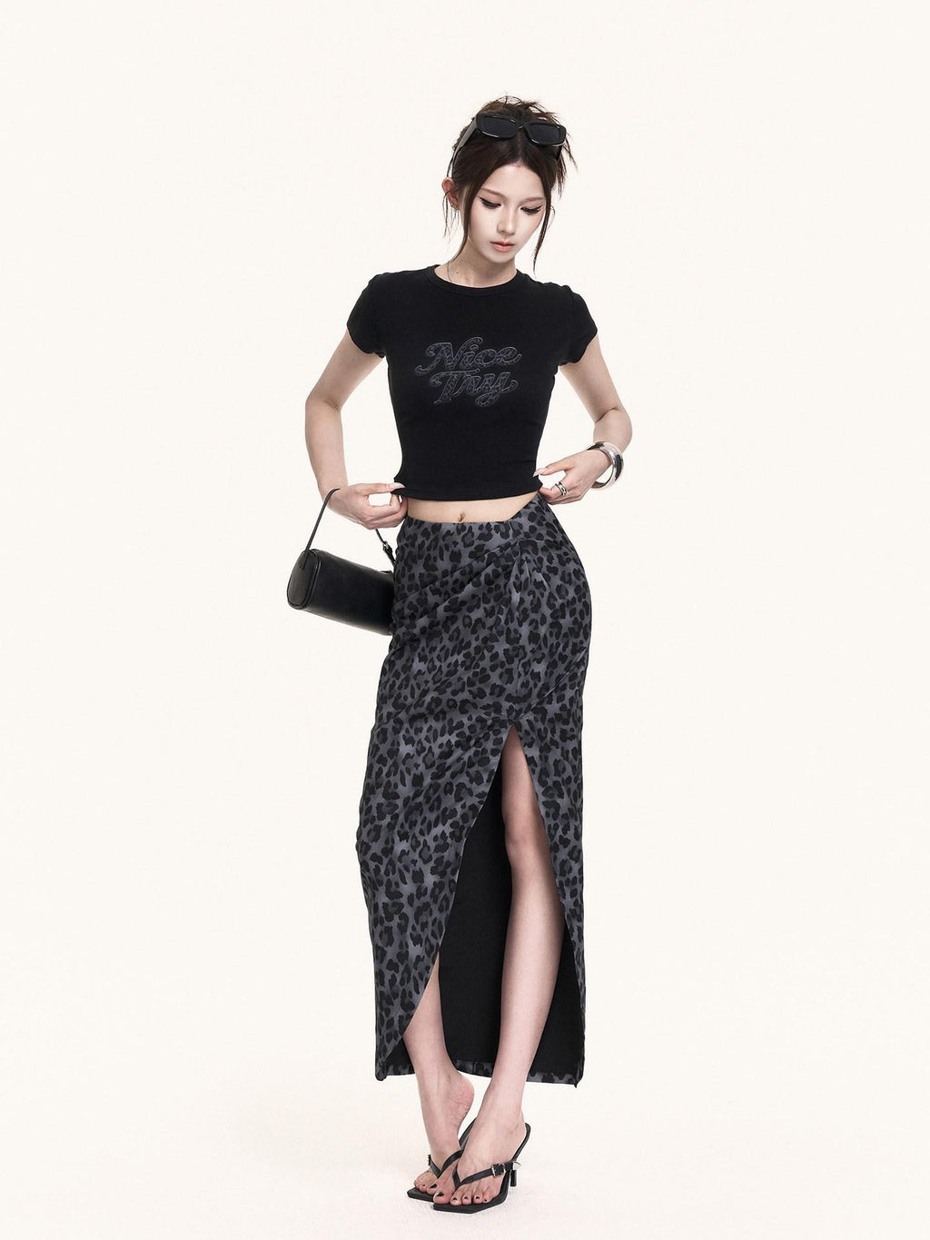 VOCK French Leopard Print Crop Tee Slit Maxi Skirt Women's Matching Skirt Sets