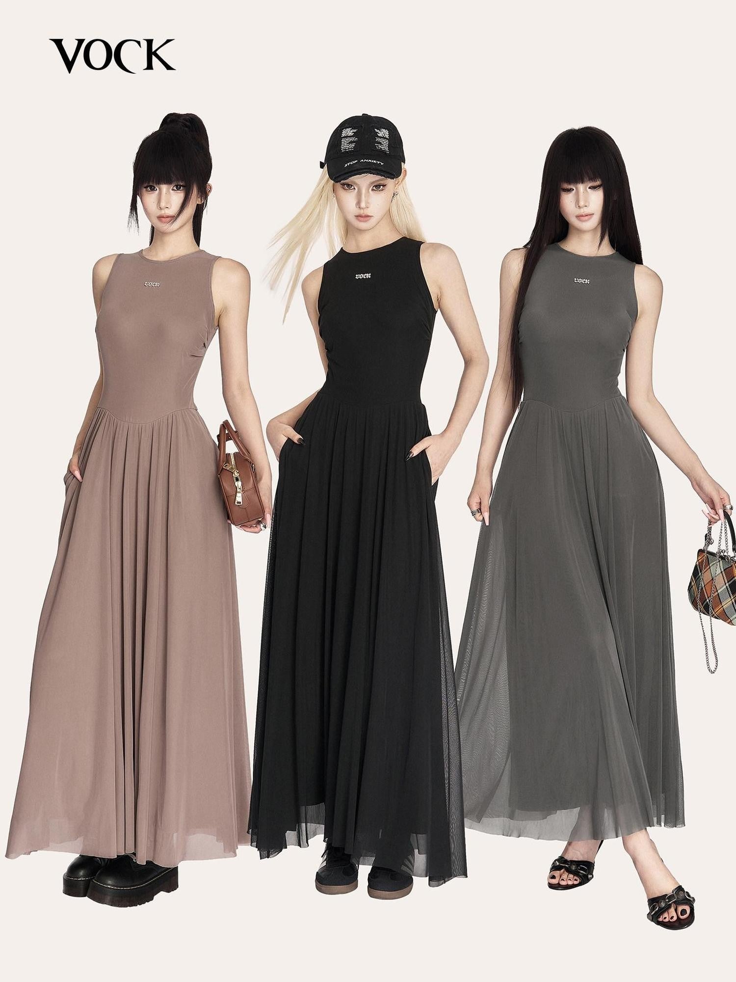 VOCK French Minimalist Mesh Sleeveless A Line Women's Polyester Casual Maxi Dresses