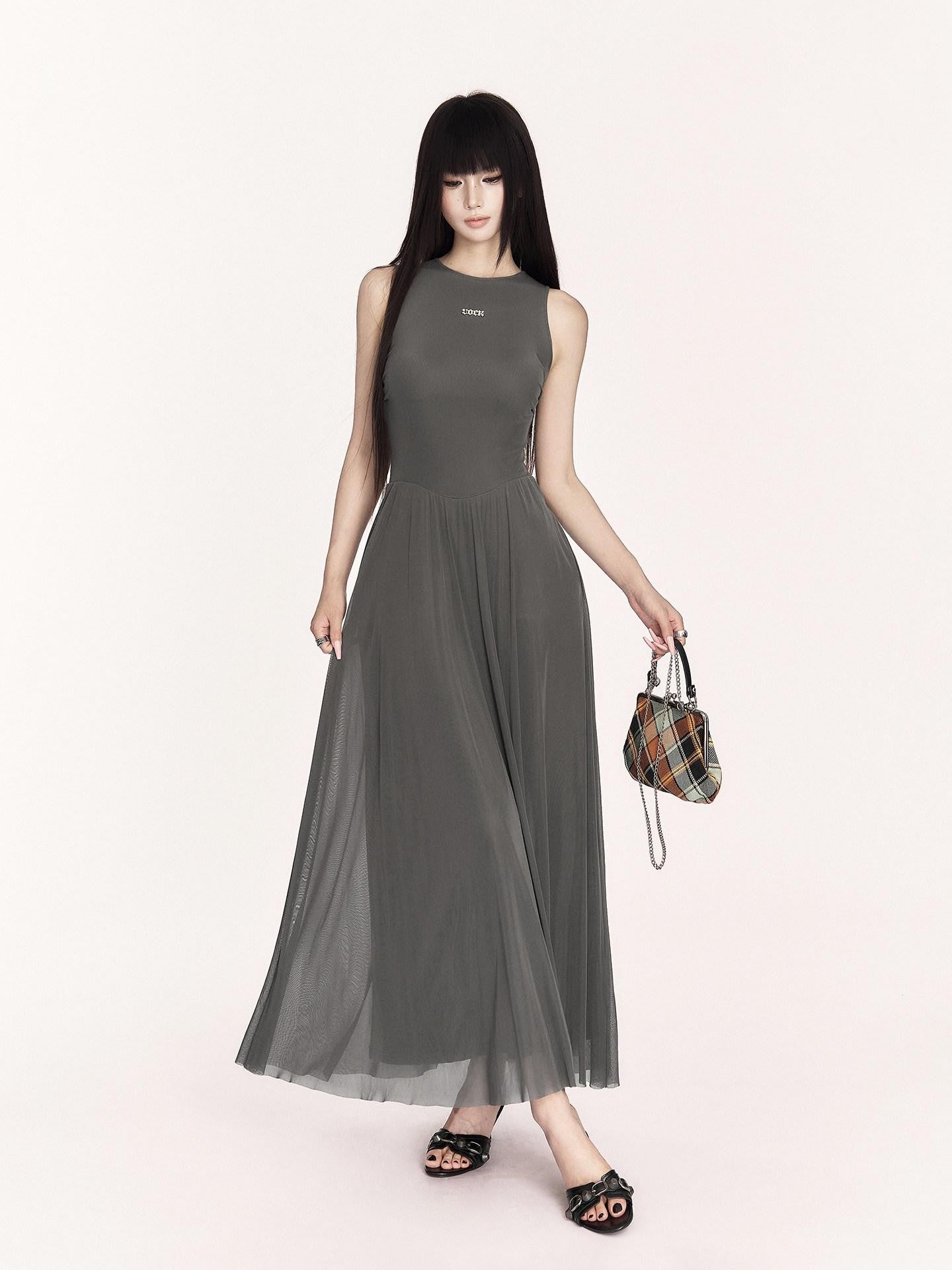 VOCK French Minimalist Mesh Sleeveless A Line Women's Polyester Casual Maxi Dresses
