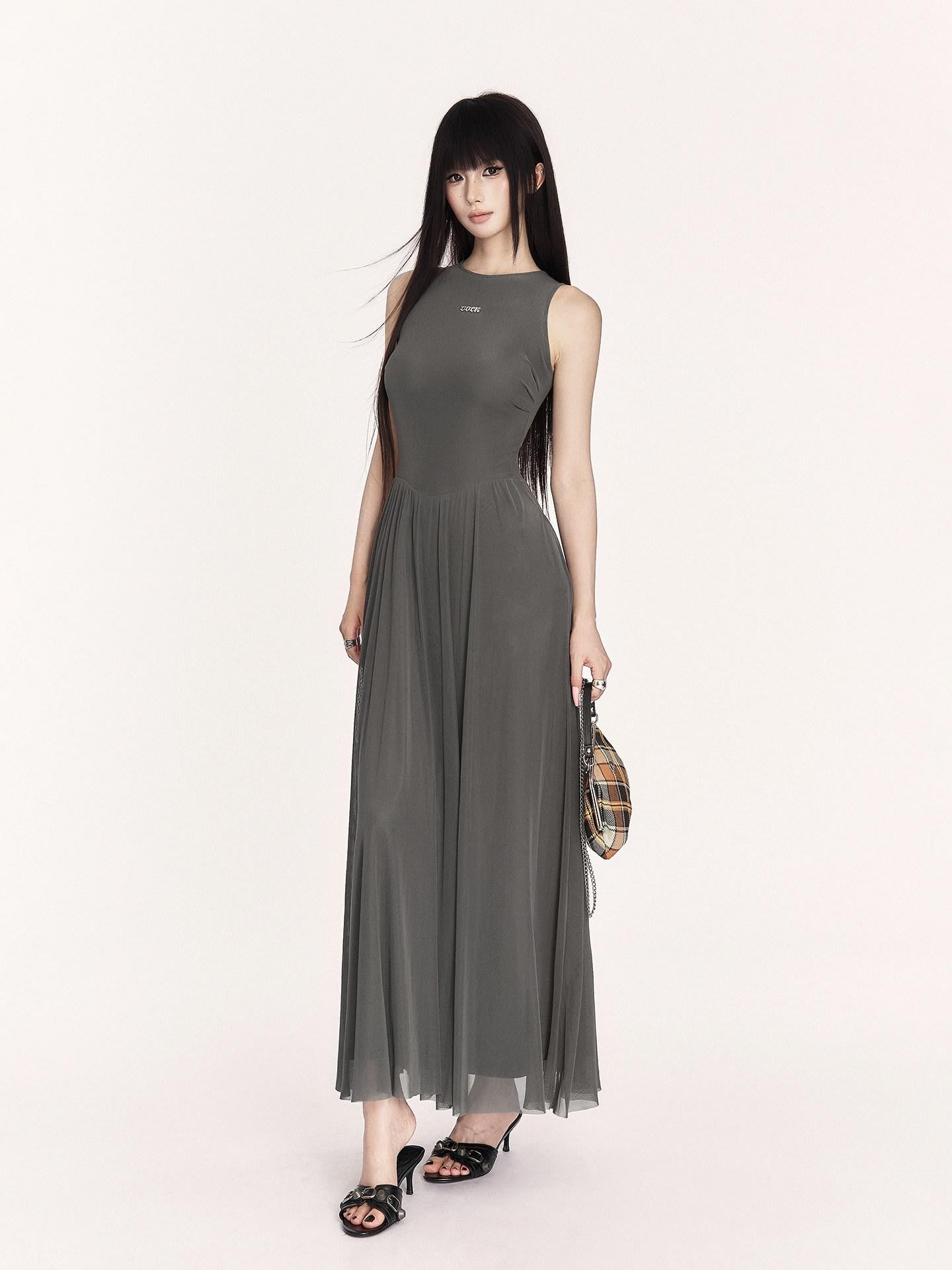 VOCK French Minimalist Mesh Sleeveless A Line Women's Polyester Casual Maxi Dresses