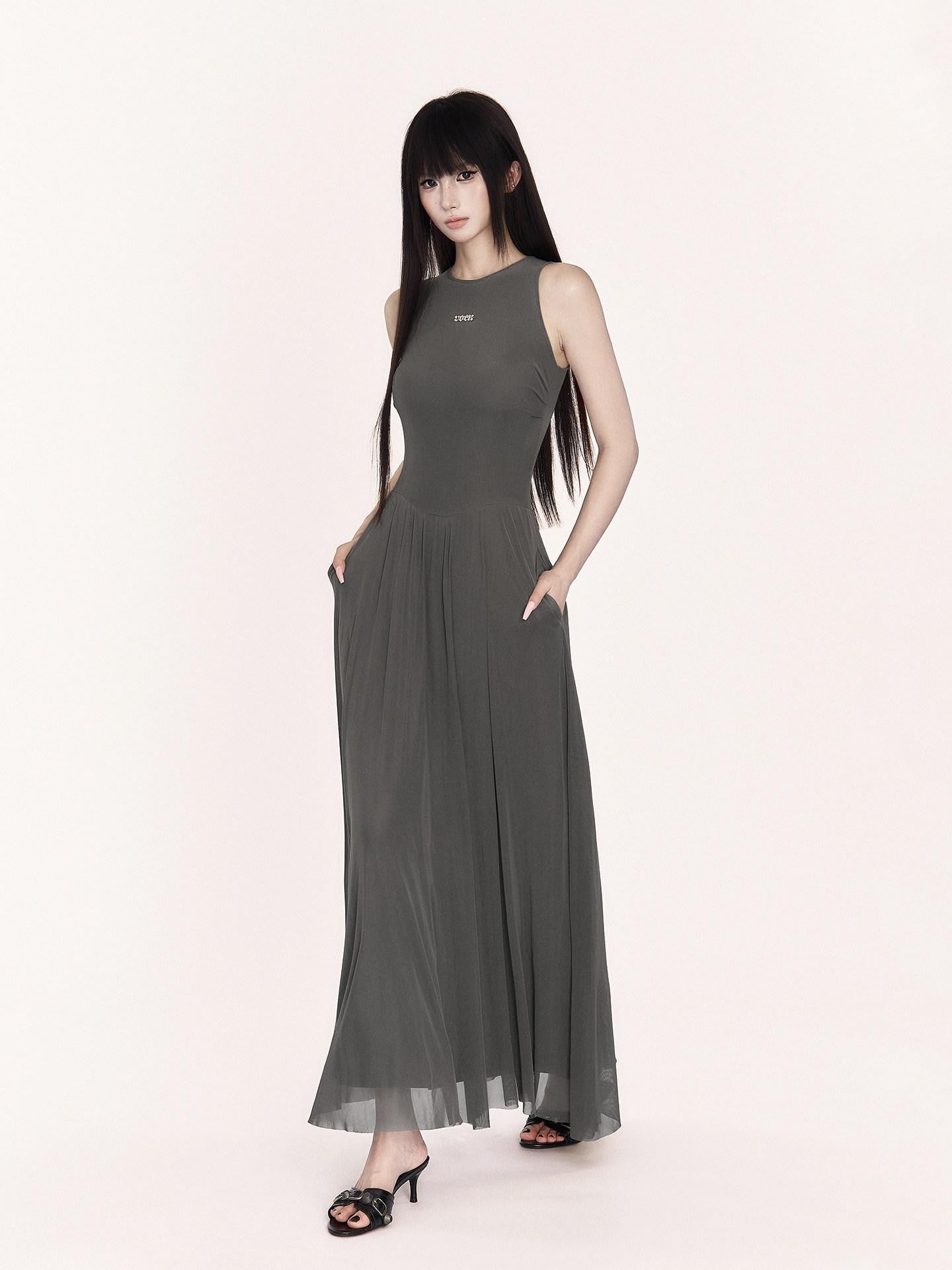 VOCK French Minimalist Mesh Sleeveless A Line Women's Polyester Casual Maxi Dresses
