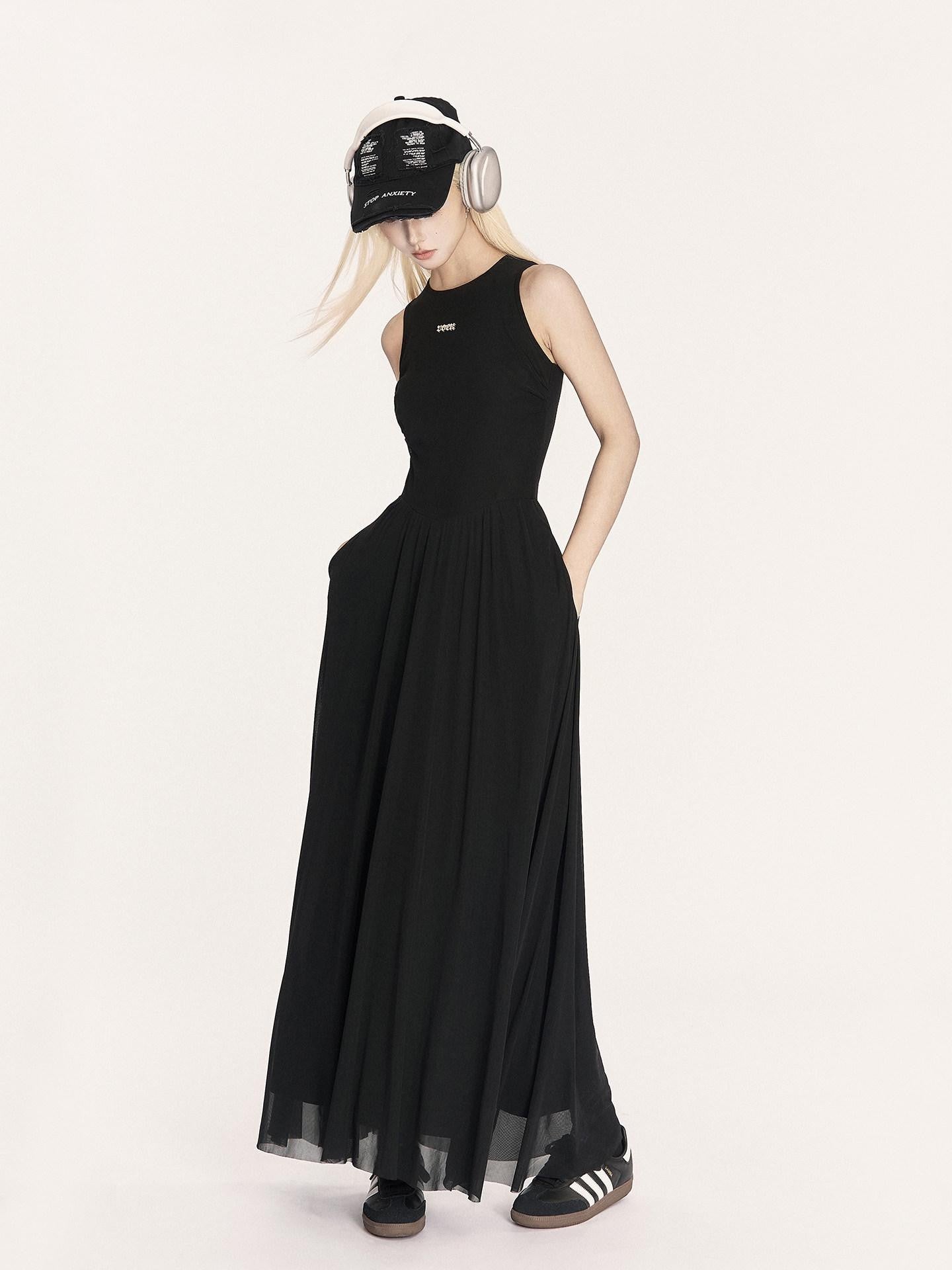 VOCK French Minimalist Mesh Sleeveless A Line Women's Polyester Casual Maxi Dresses