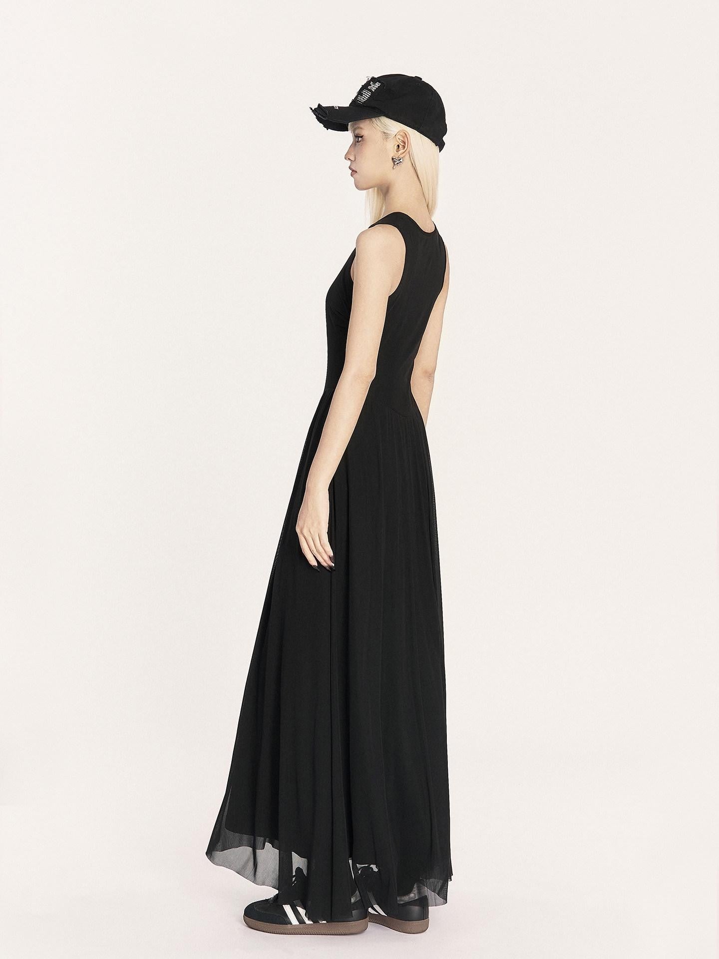 VOCK French Minimalist Mesh Sleeveless A Line Women's Polyester Casual Maxi Dresses