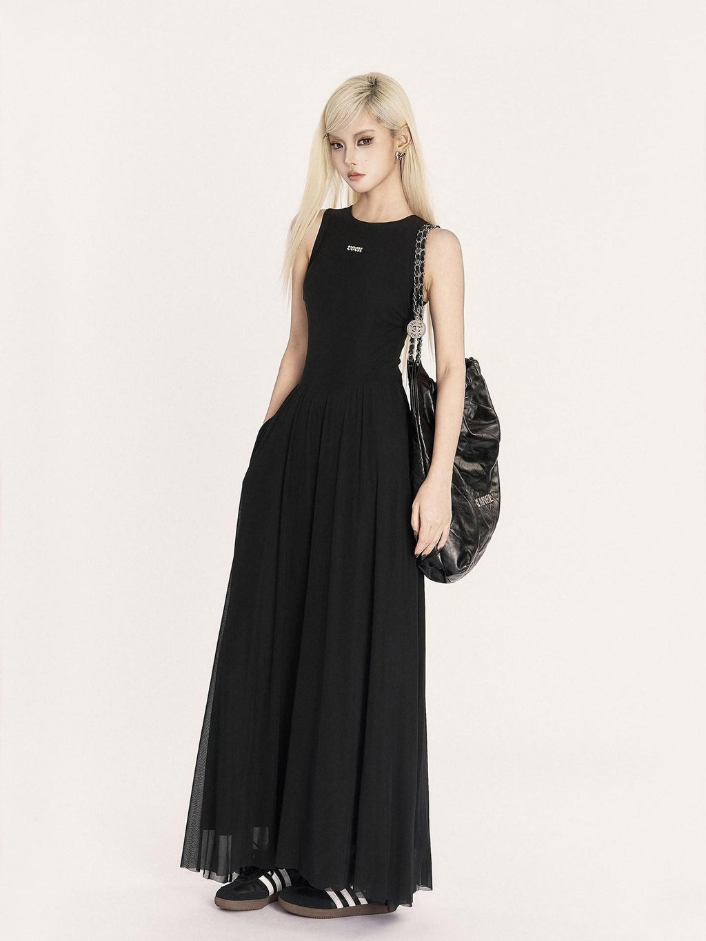 VOCK French Minimalist Mesh Sleeveless A Line Women's Polyester Casual Maxi Dresses