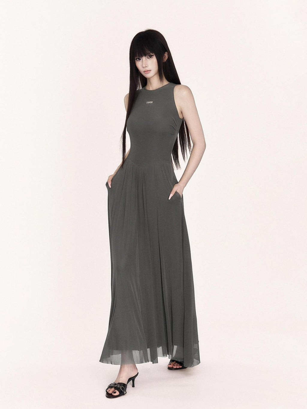 VOCK French Minimalist Mesh Sleeveless A Line Women's Polyester Casual Maxi Dresses